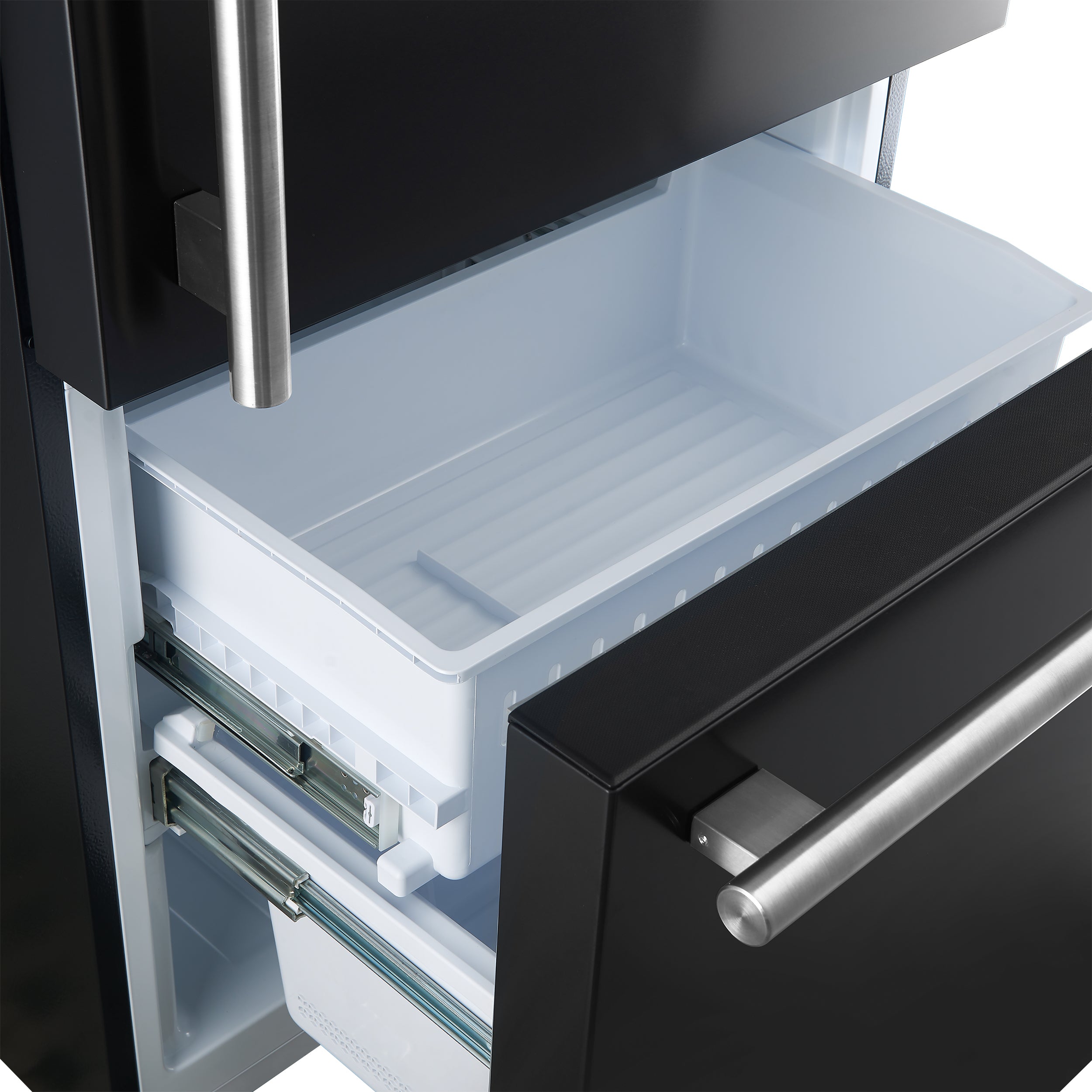 Black dishwasher door with stainless handle and open lower rack compartment