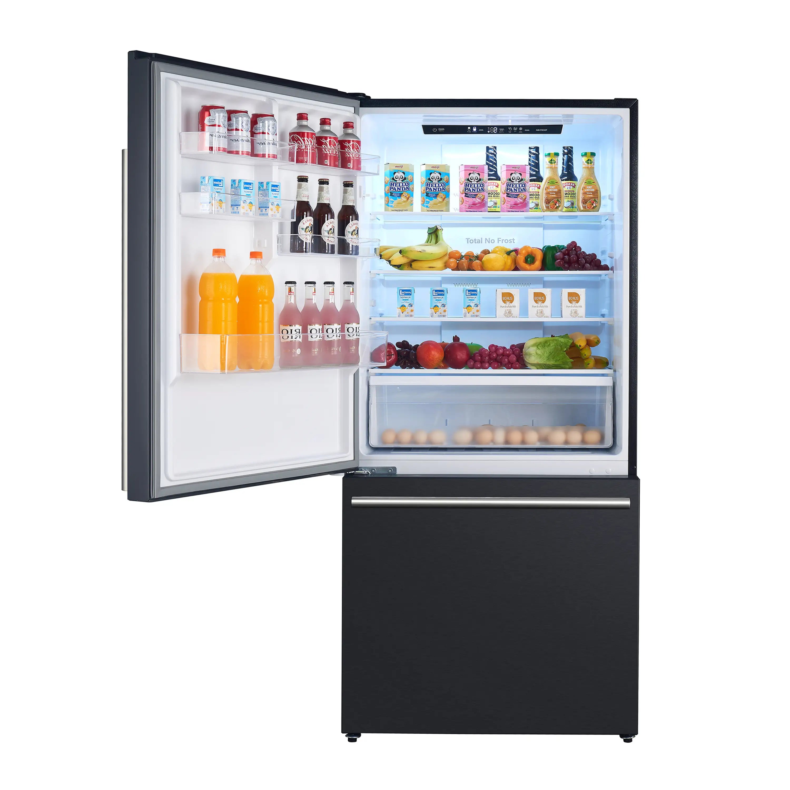 Black bottom freezer refrigerator with stainless handle, open door showing fridge shelves