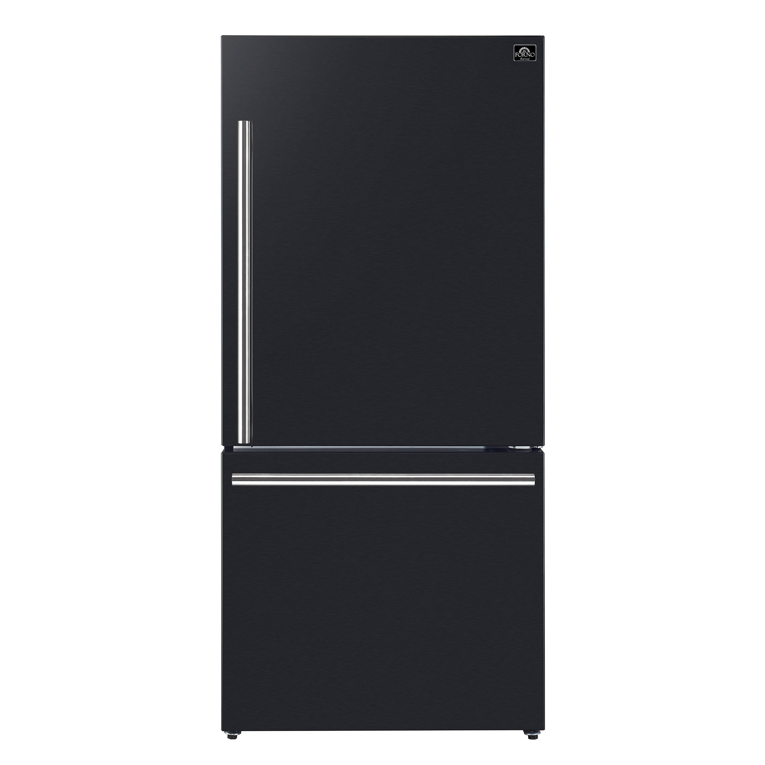 Black top-freezer refrigerator with antique brass trim stripe and vertical metal handle
