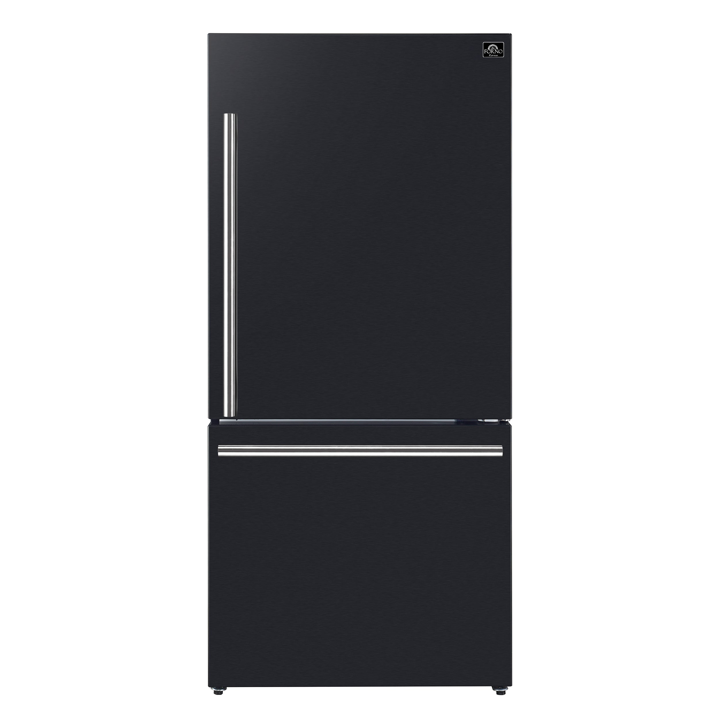 Black 2-door refrigerator with stainless handle and top seal detail