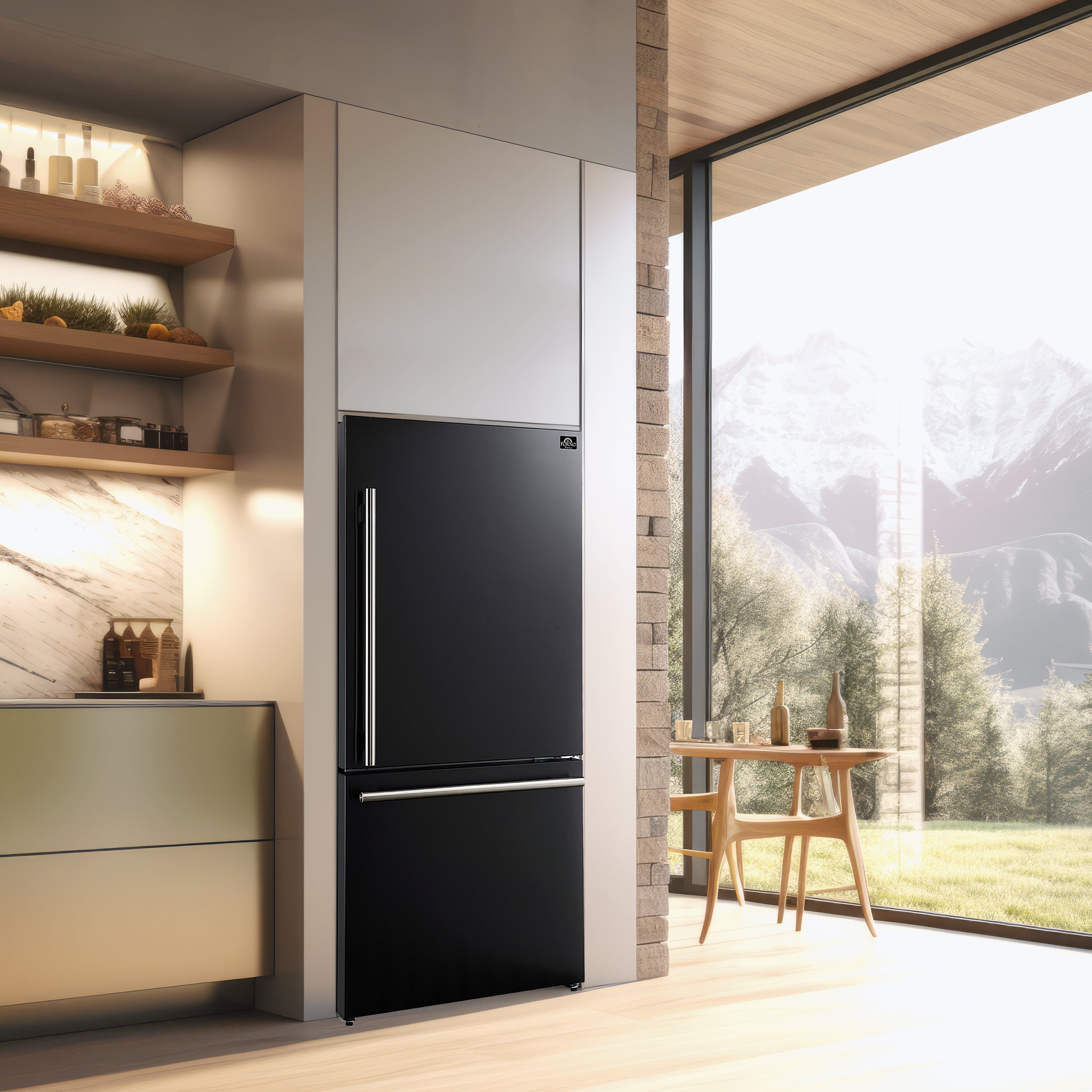 Black refrigerator standing in a kitchen with side-by-side door and handle