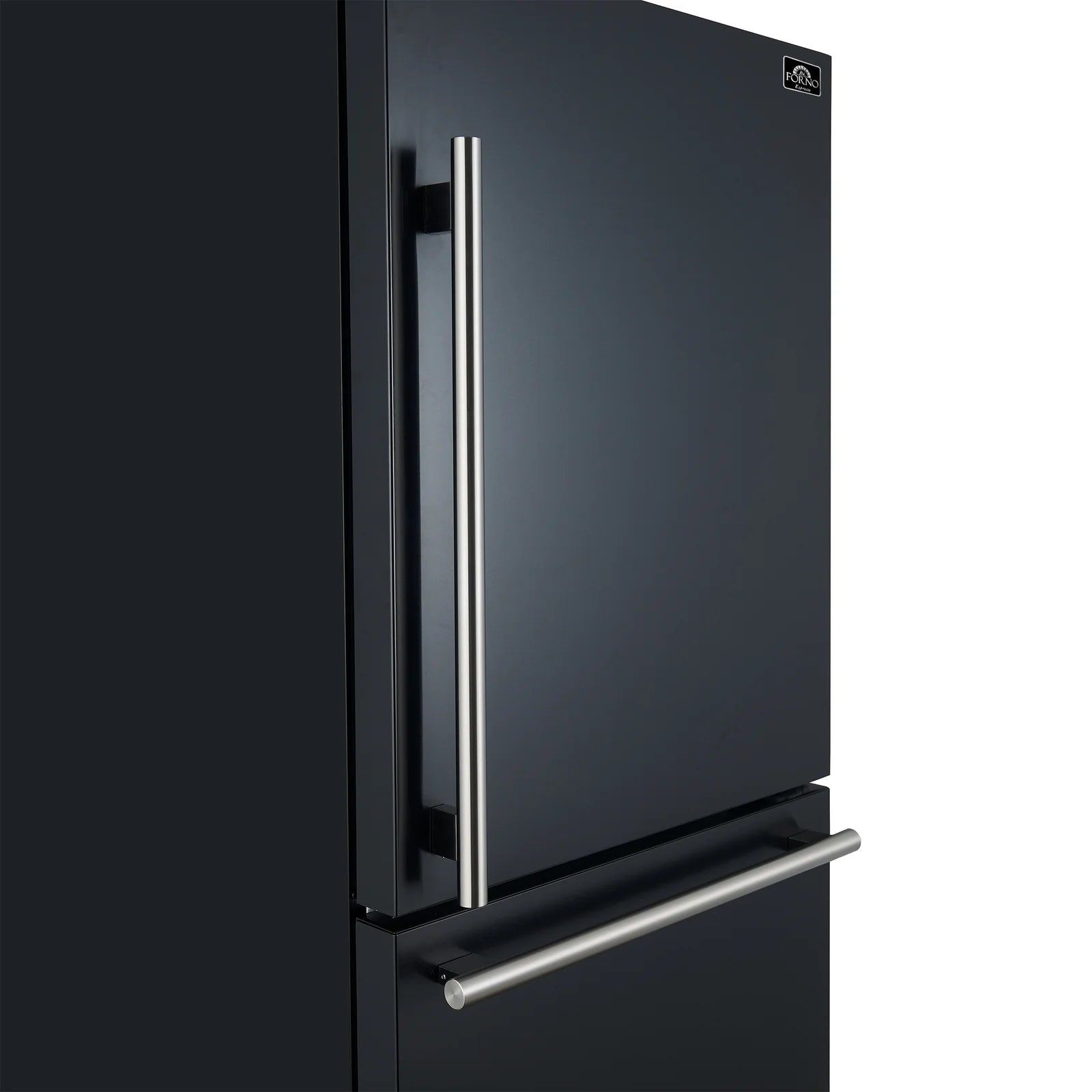 Black refrigerator with stainless vertical handles and horizontal freezer bar handle