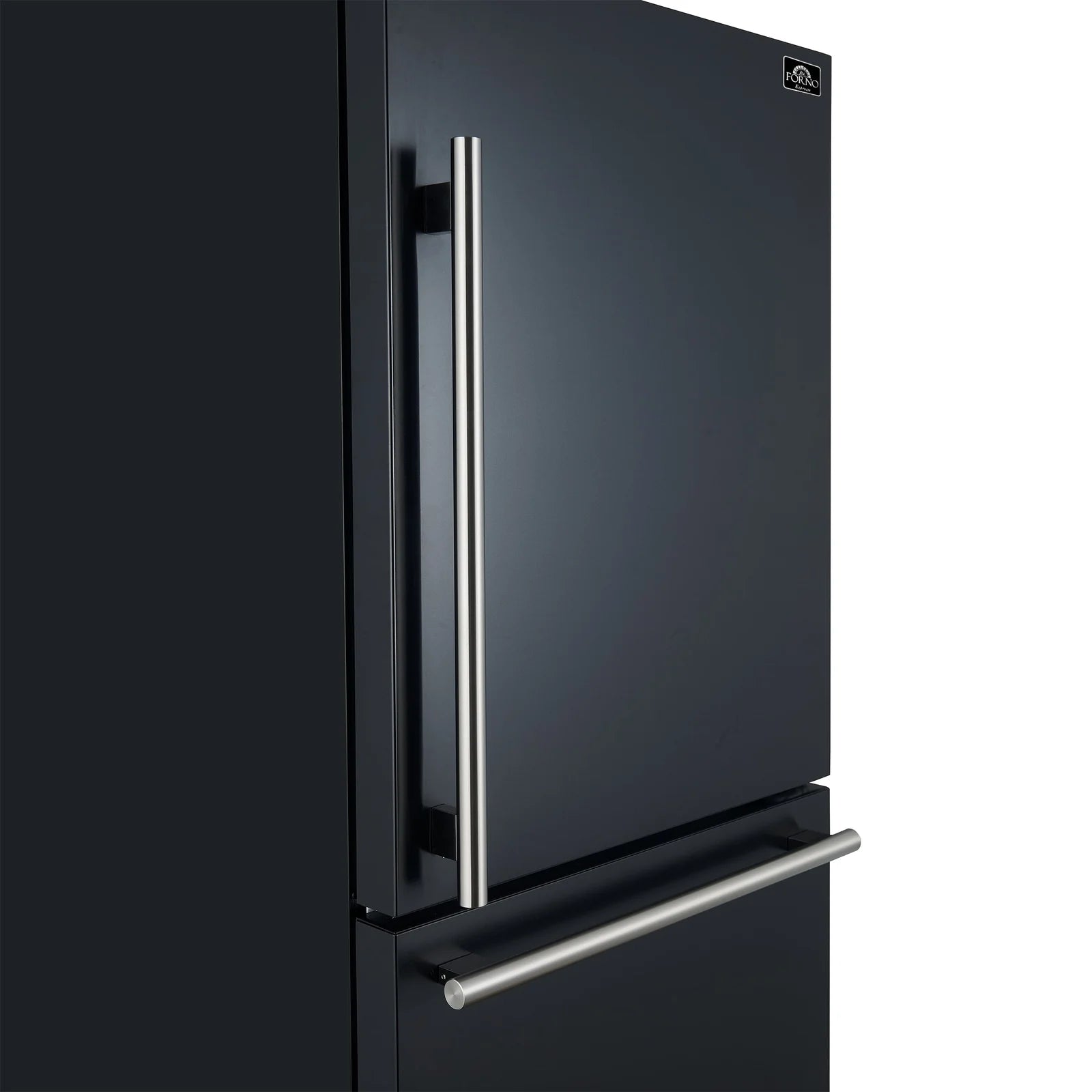 Black refrigerator door with vertical handles and a horizontal stainless pull