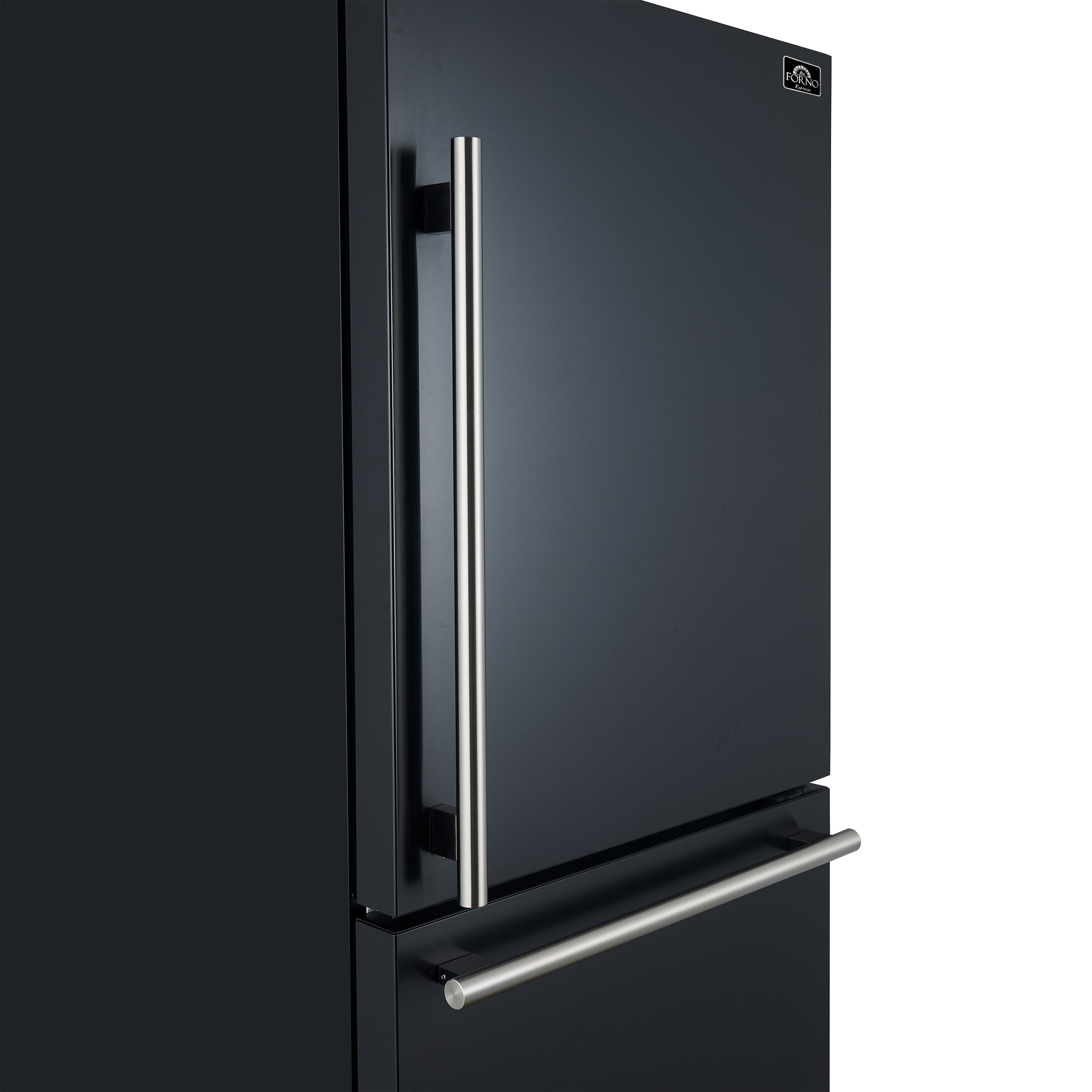 Black refrigerator with tall stainless handle and horizontal lower bar