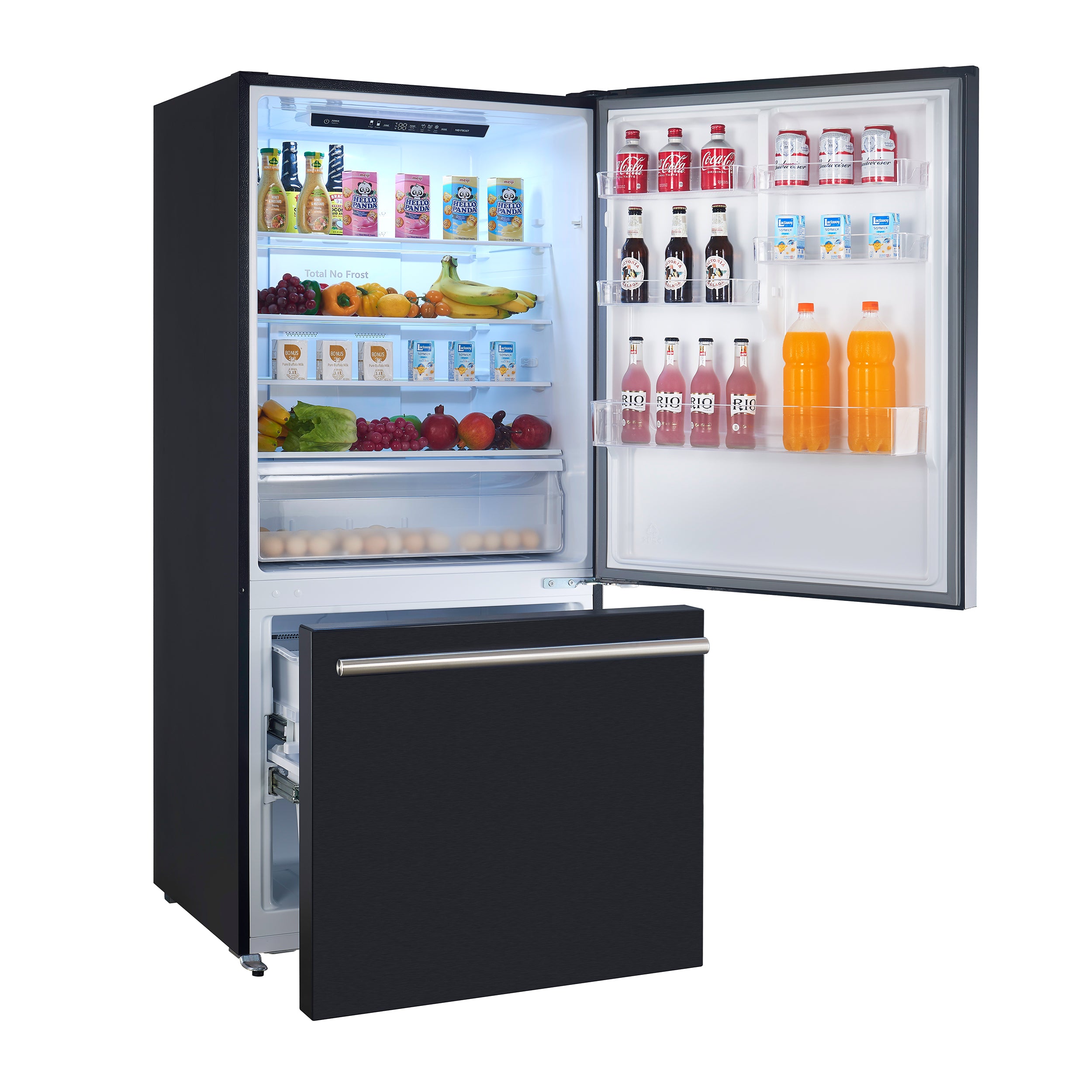 Black 2-door refrigerator with open doors, interior shelves, and door bins