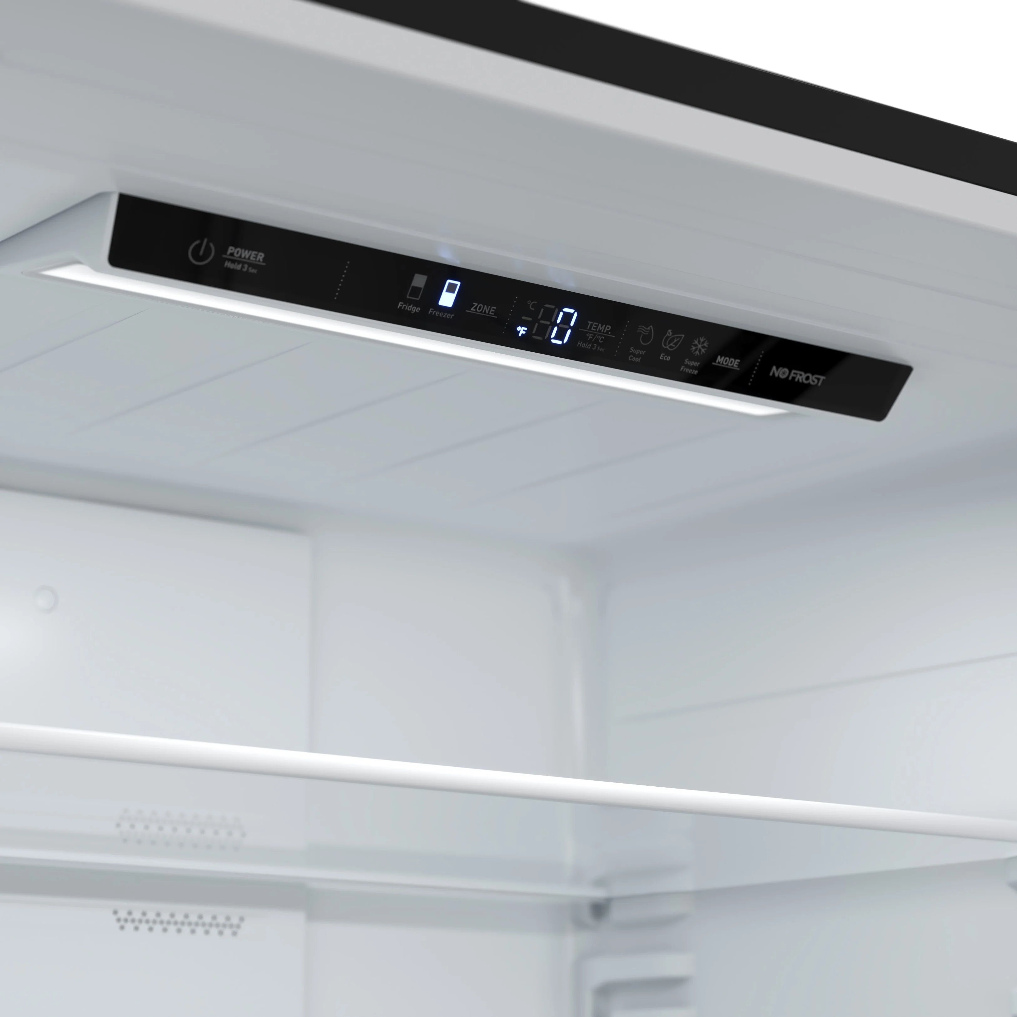 Black refrigerator control panel with digital display and buttons