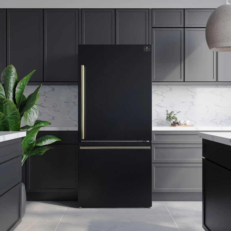 Forno 3-Piece Appliance Package - 30-Inch Leonardo Espresso Electric Range, Refrigerator, & Dishwasher in Black with Antique Brass Handle (FBDL-007-02US)