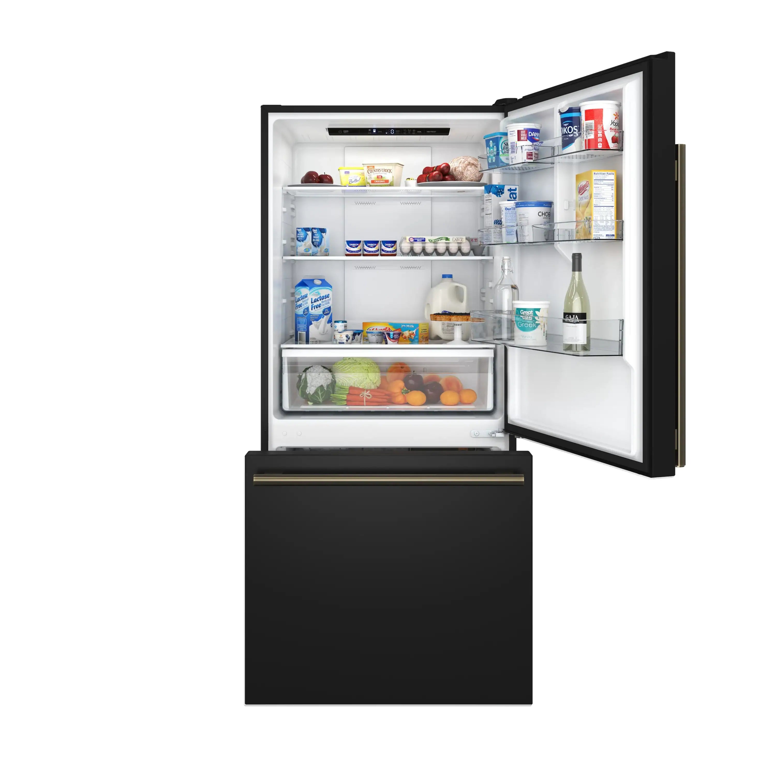 Black refrigerator with door open showing interior shelves with food and beverages