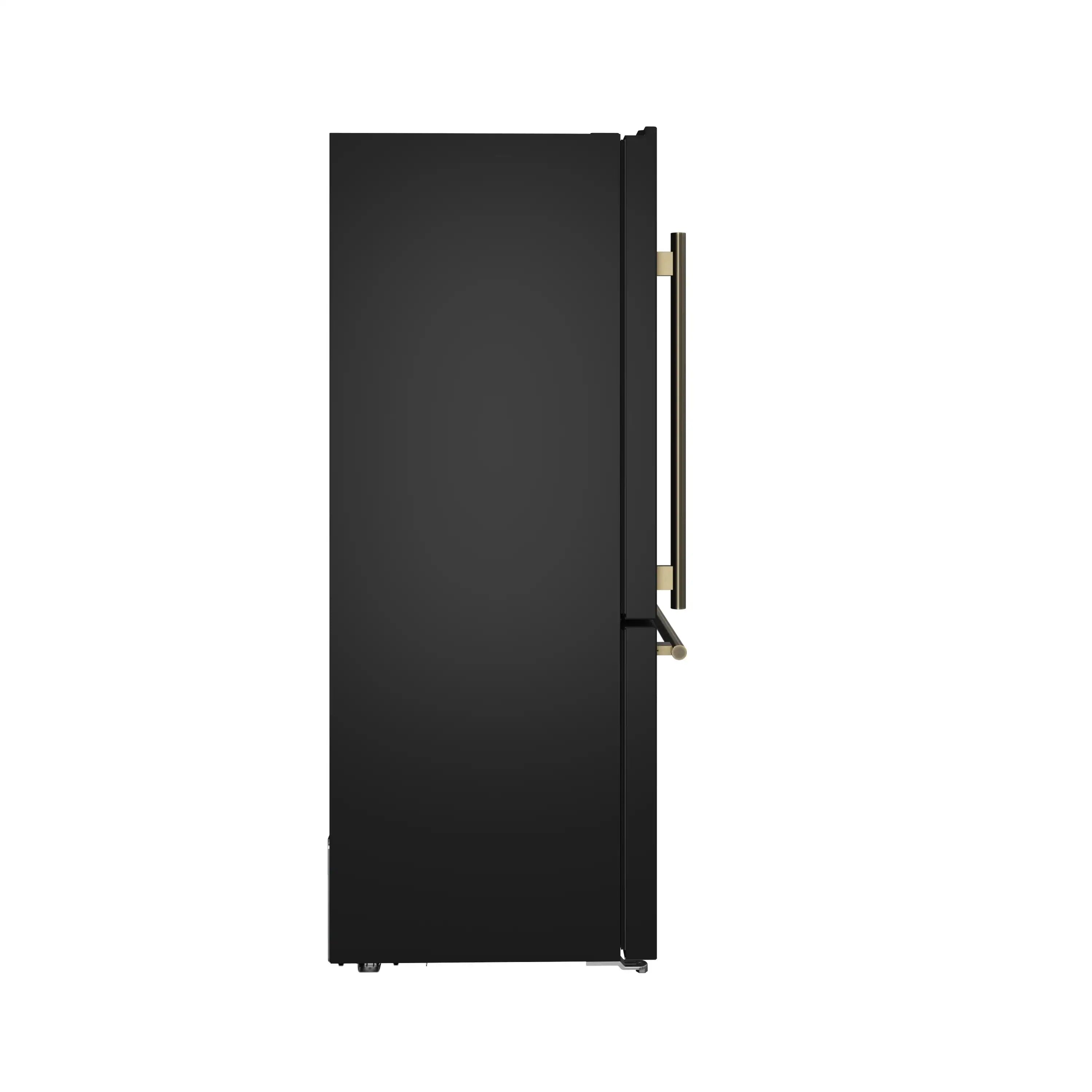 Black refrigerator side view with antique brass vertical handle and hinge hardware