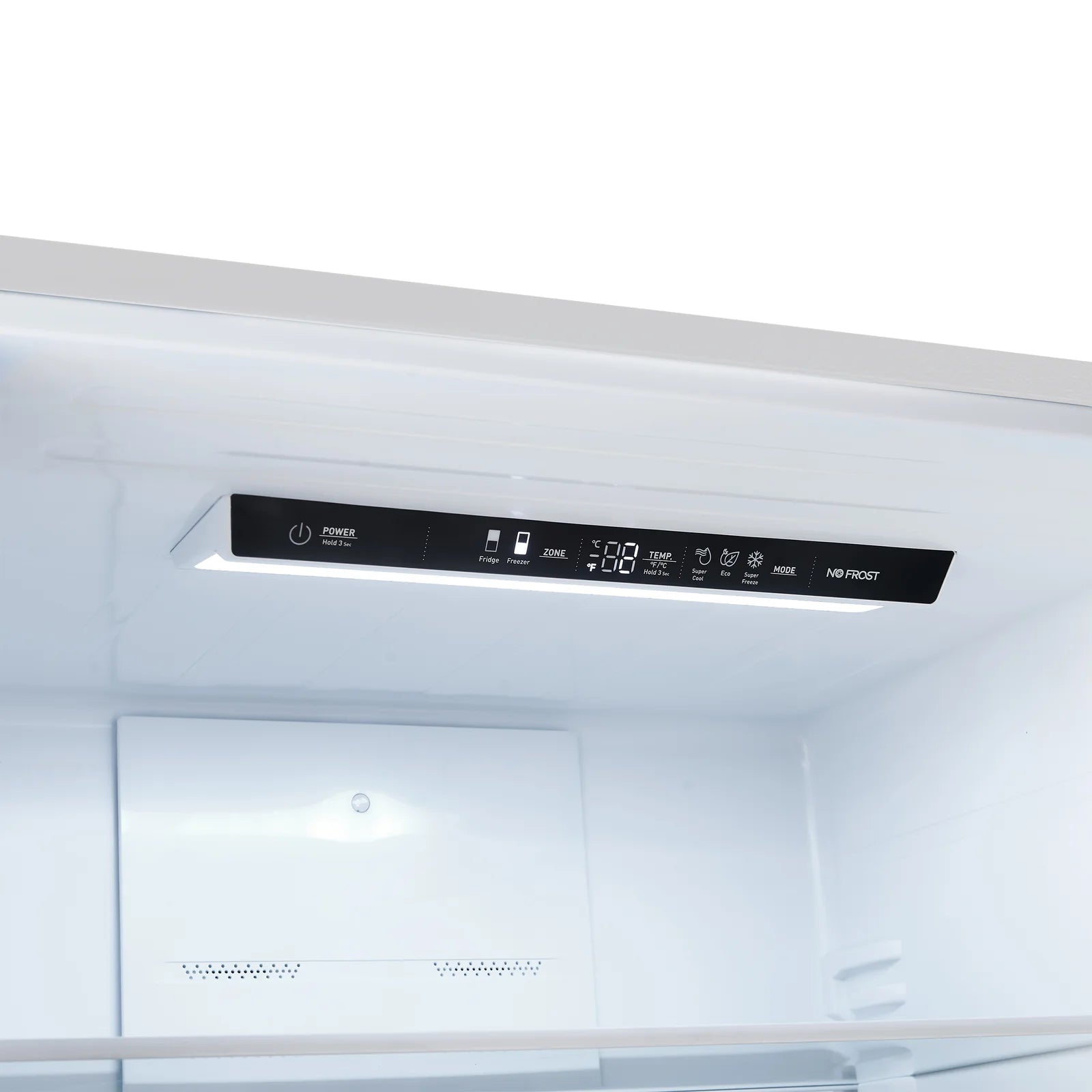 Refrigerator interior control panel with digital display and temperature icons