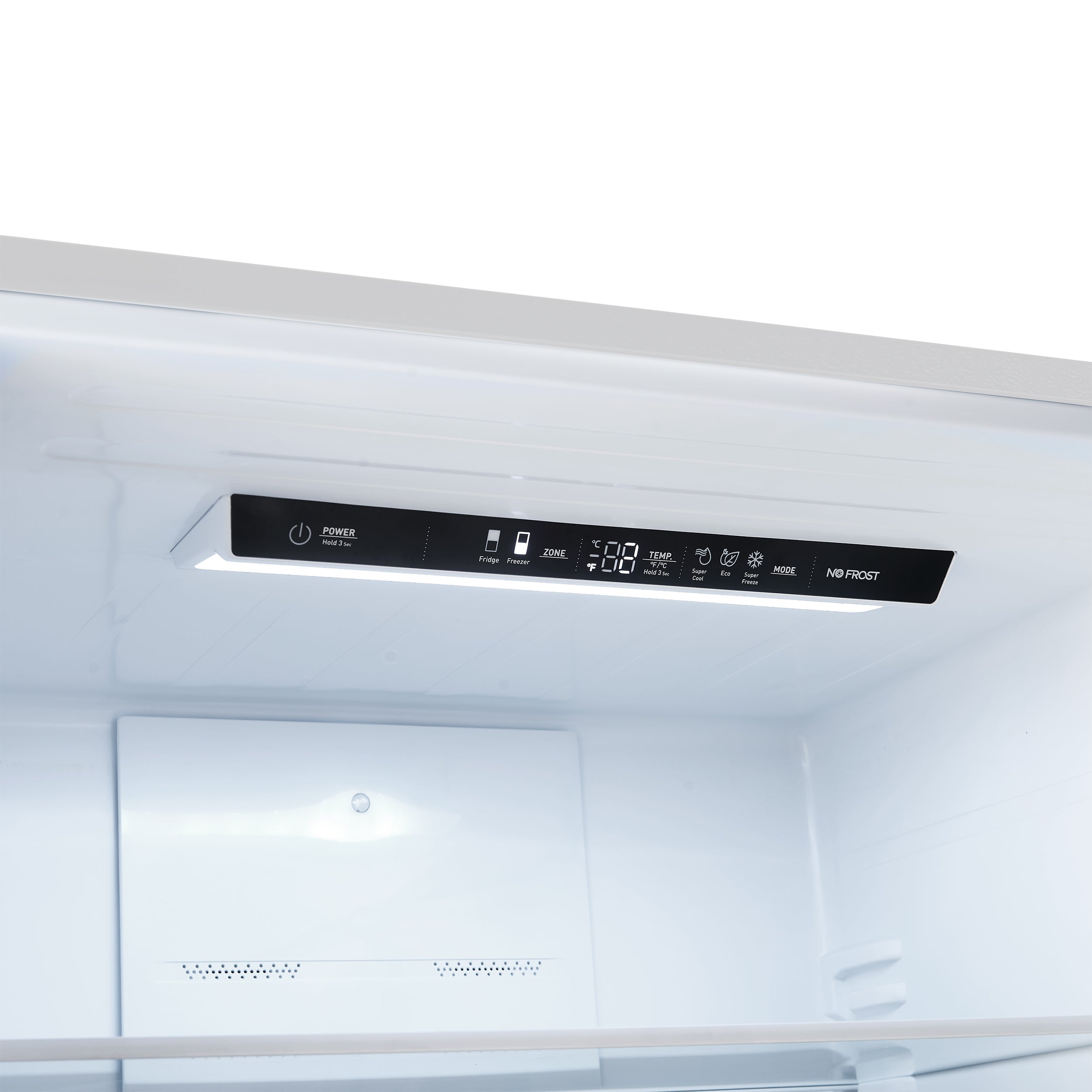 Refrigerator interior with top control panel and display area inside