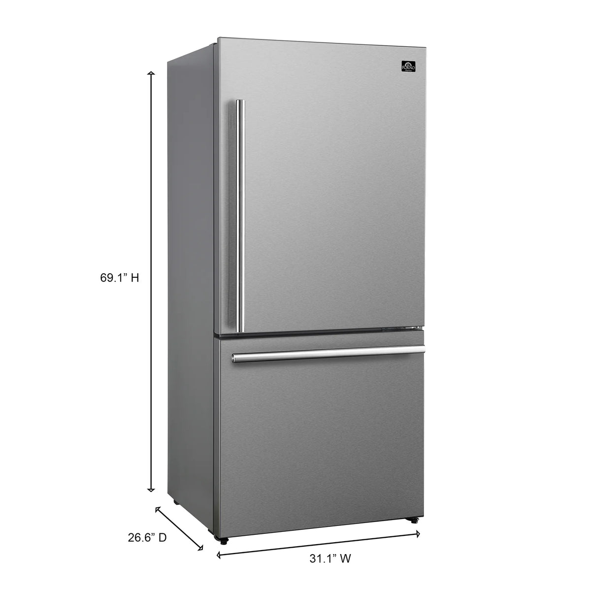 Stainless steel dual bottom freezer refrigerator with height and width measurements shown
