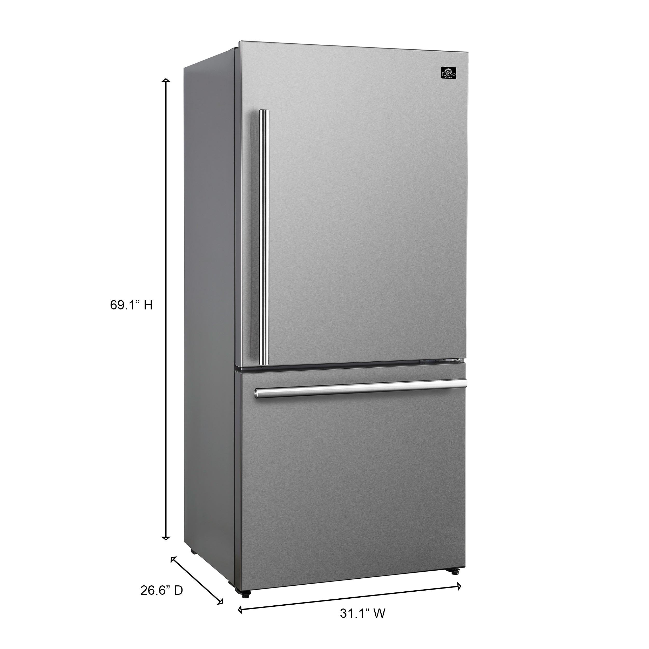 Stainless steel refrigerator with top-freezer doors and side water dispenser panel