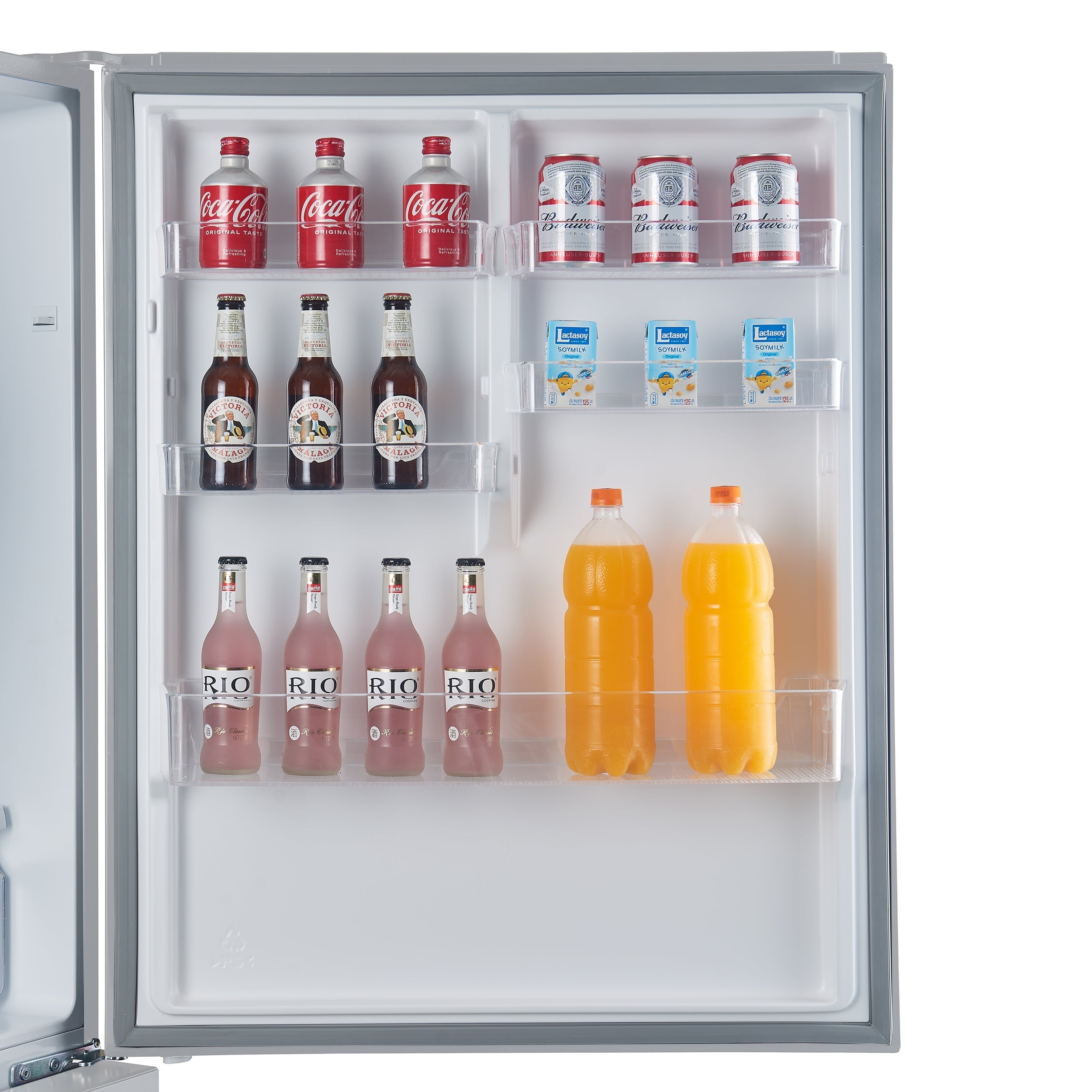 Open refrigerator door with bottles and cans on clear glass shelves