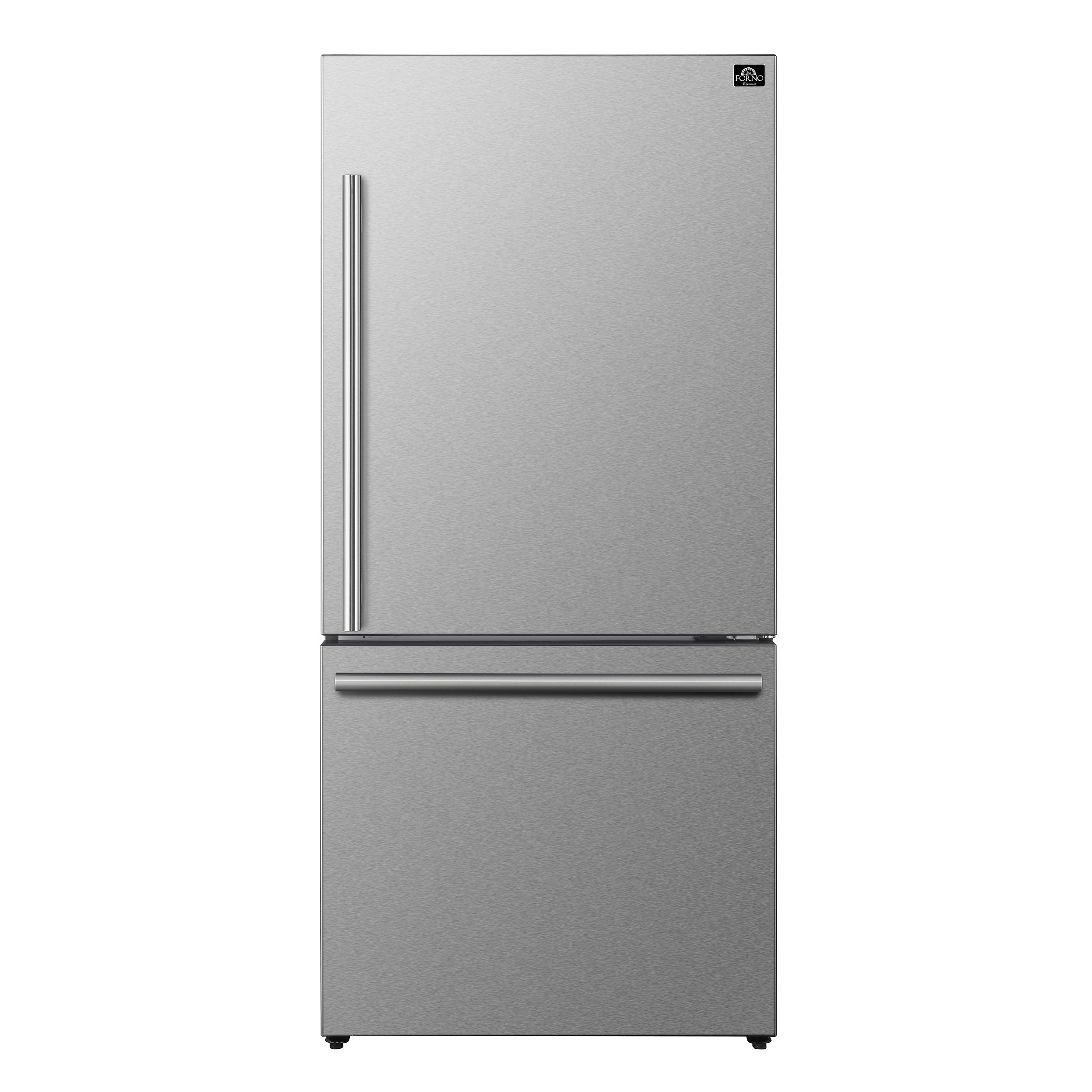 Stainless steel top-freezer refrigerator, closed doors with vertical handle