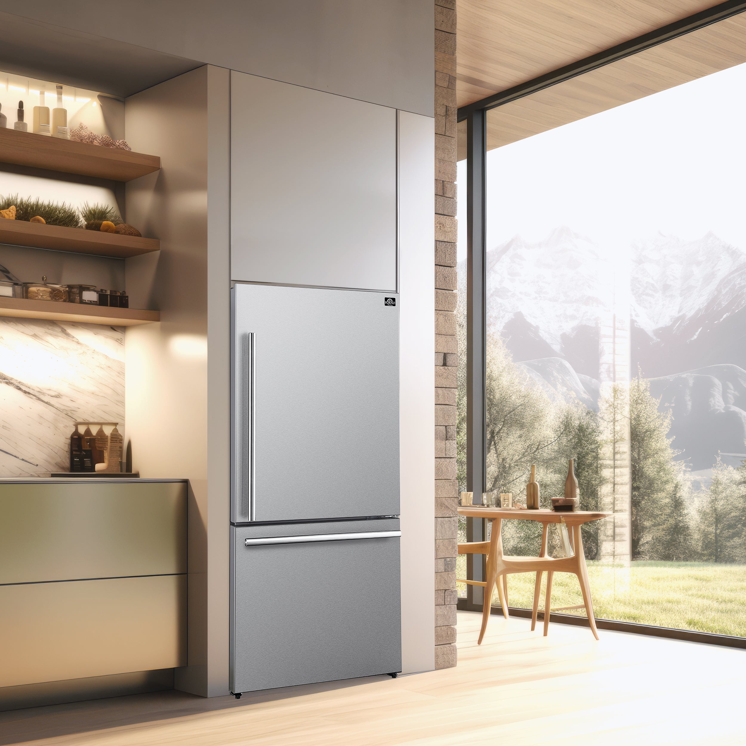 Stainless steel refrigerator with vertical pull handle and clean door design