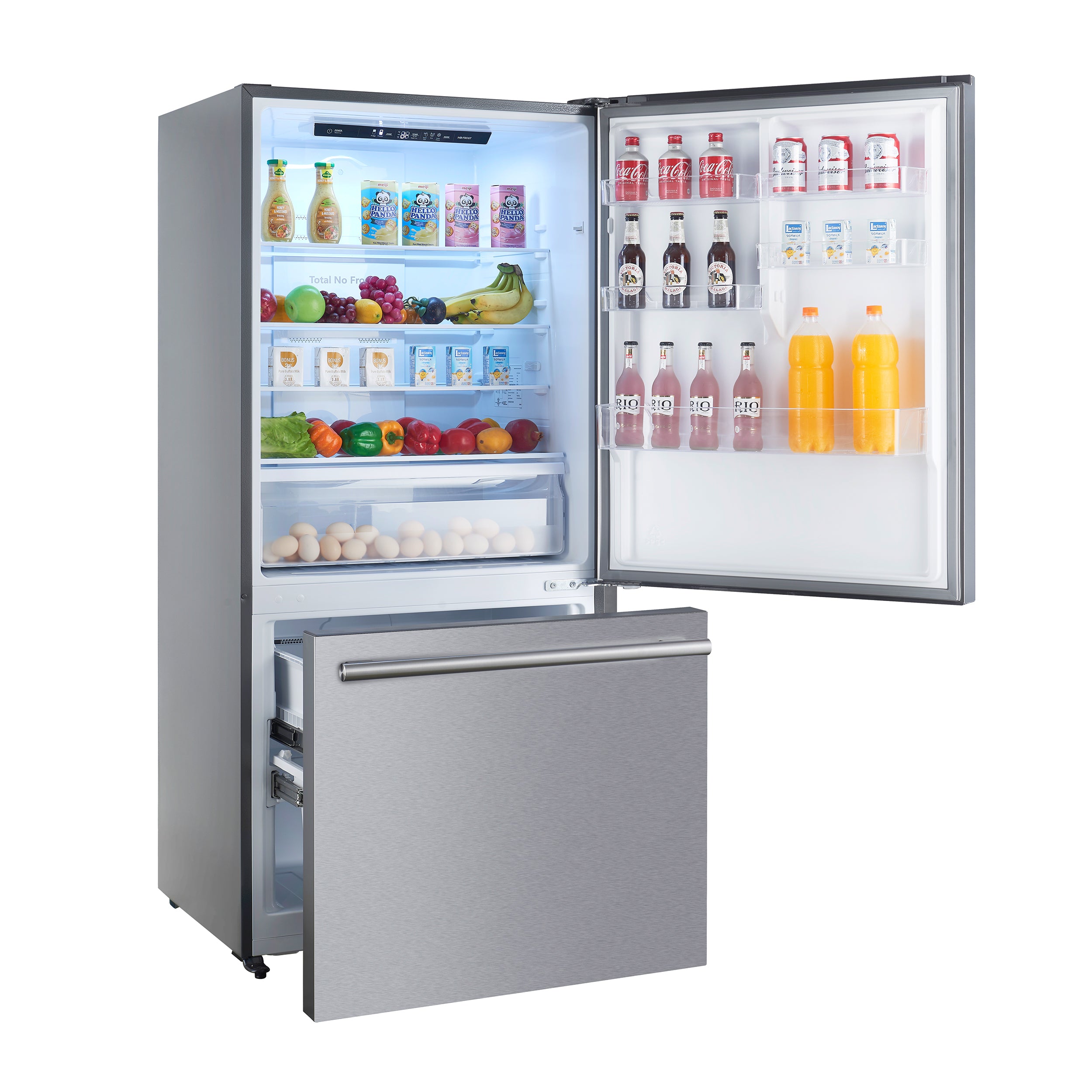 Refrigerator with doors open showing shelves, bottles, and bottom freezer drawer
