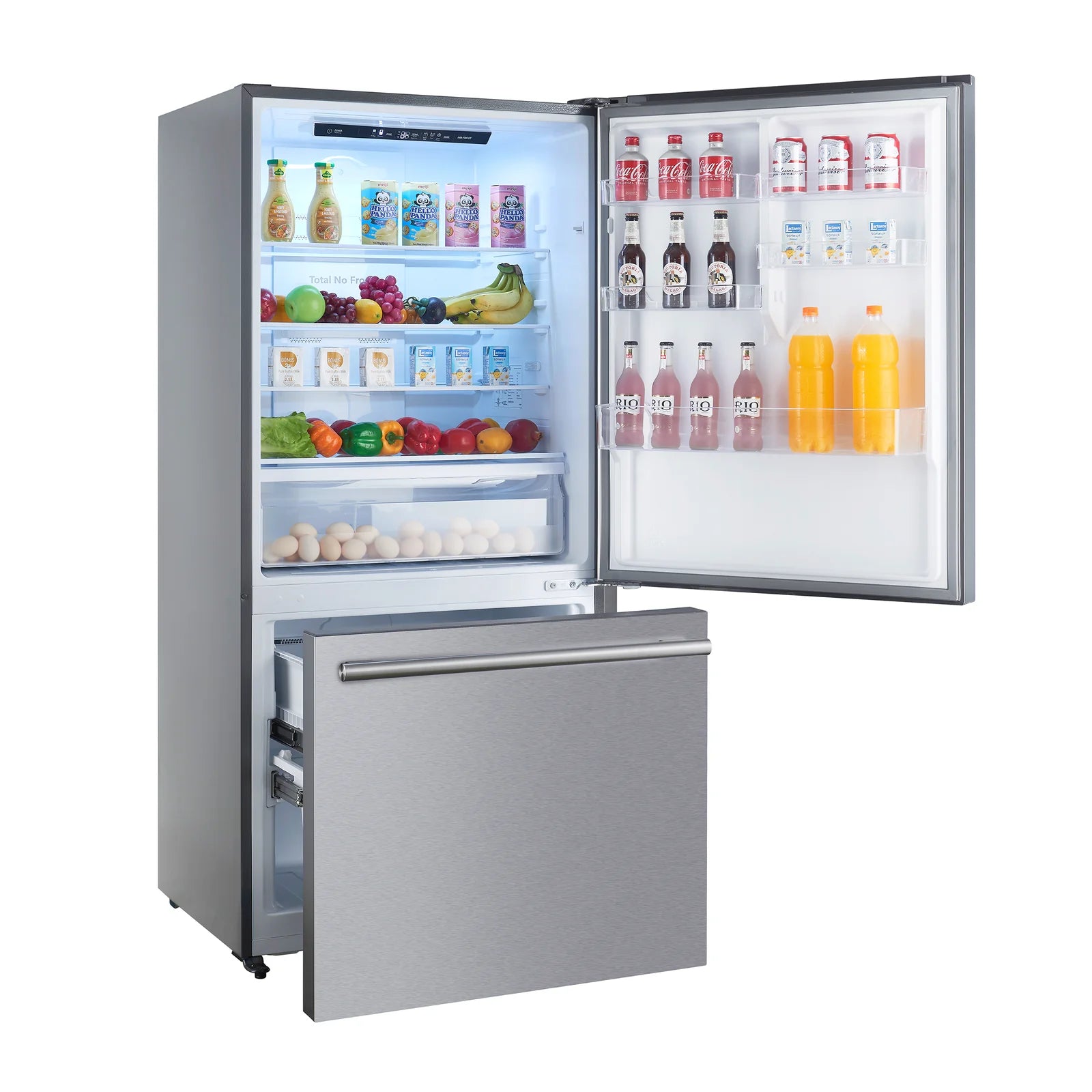 Refrigerator with doors open, showing shelves, drawers, and door bins for organization.