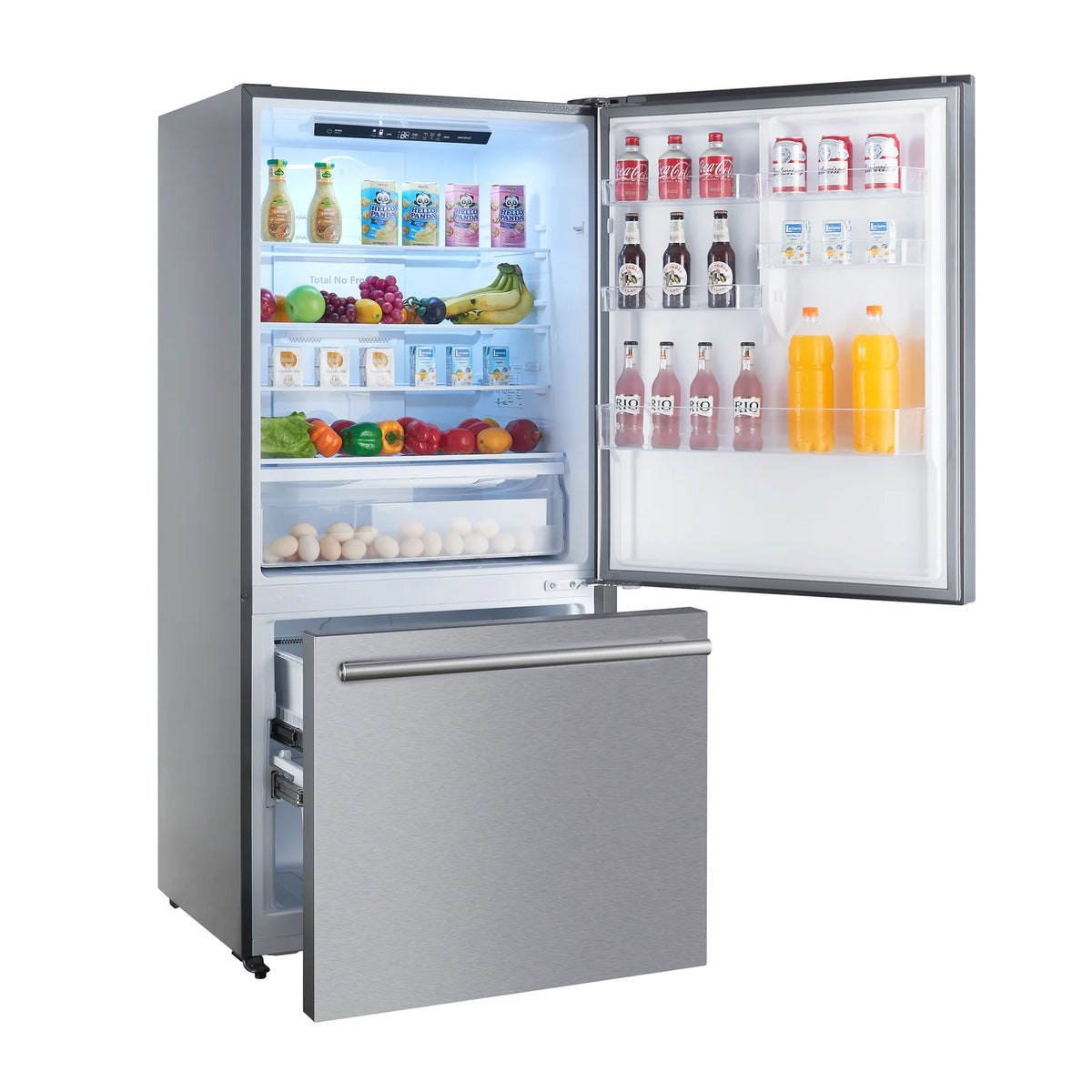 Stainless steel dual-bottom freezer refrigerator with both doors open and freezer drawer down
