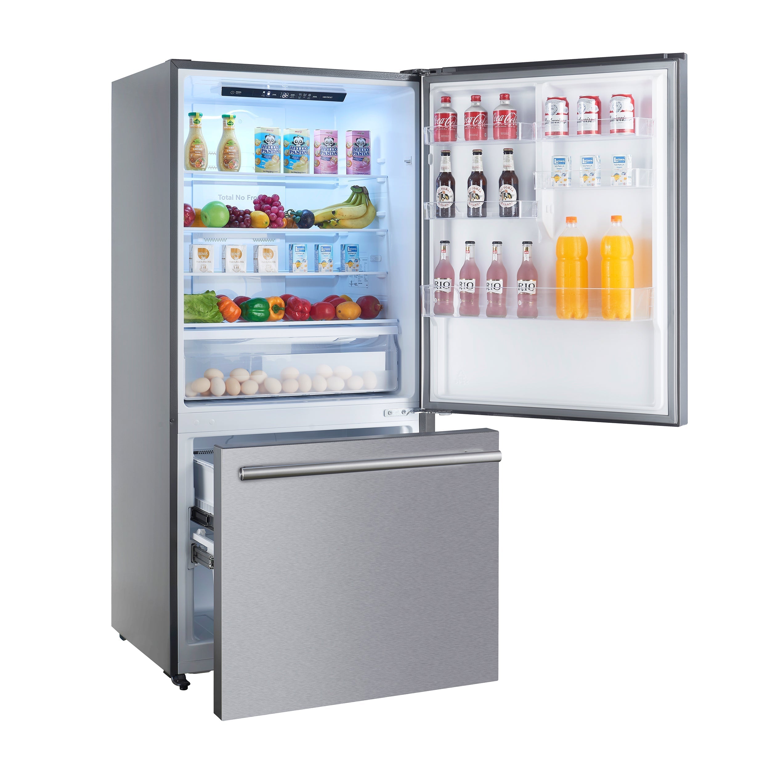 Open stainless steel refrigerator with fully stocked interior shelves and bins