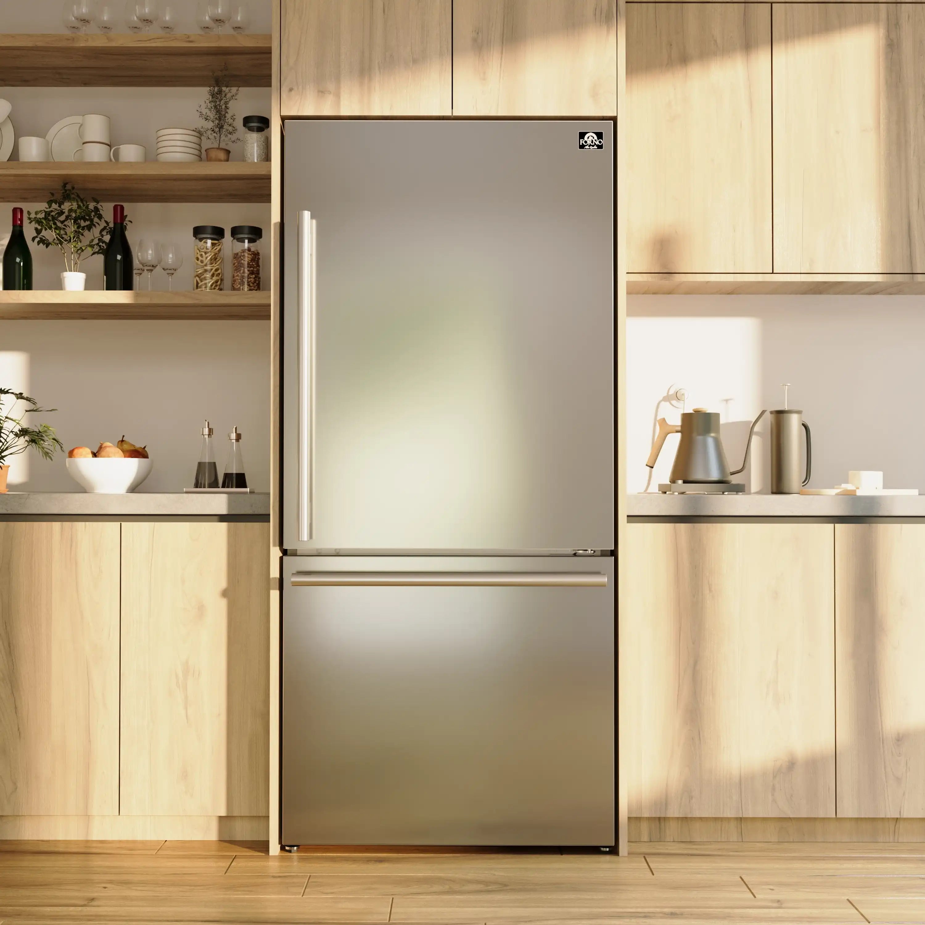 Stainless steel refrigerator with top fridge and bottom freezer, standing in a kitchen