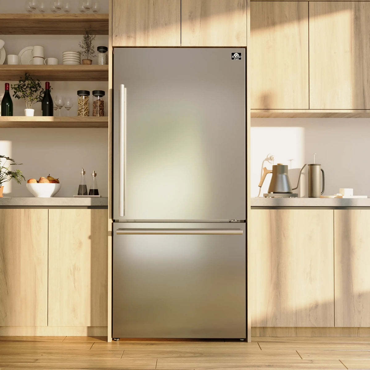 Stainless steel refrigerator in kitchen with top handle and right-side door