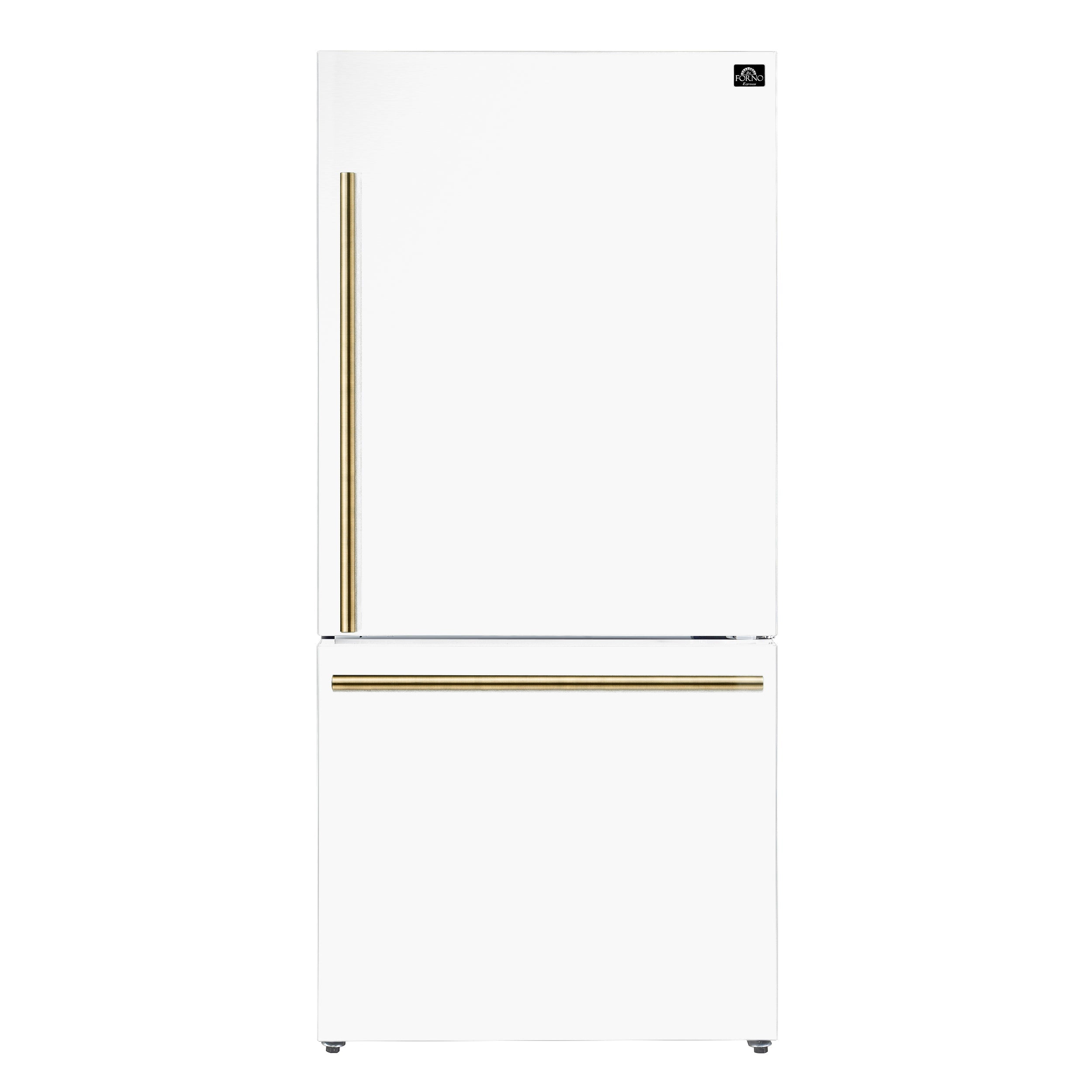 White bottom-freezer refrigerator with antique brass vertical and horizontal handle.