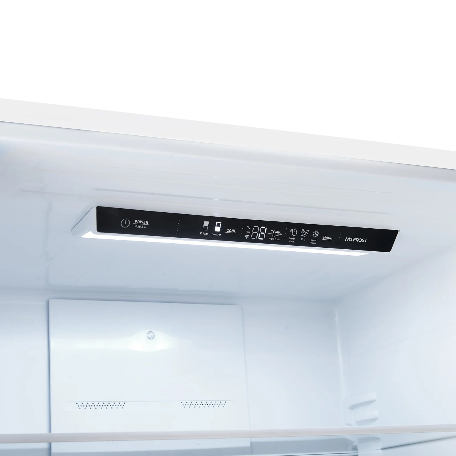 White refrigerator control panel with digital display and touch buttons