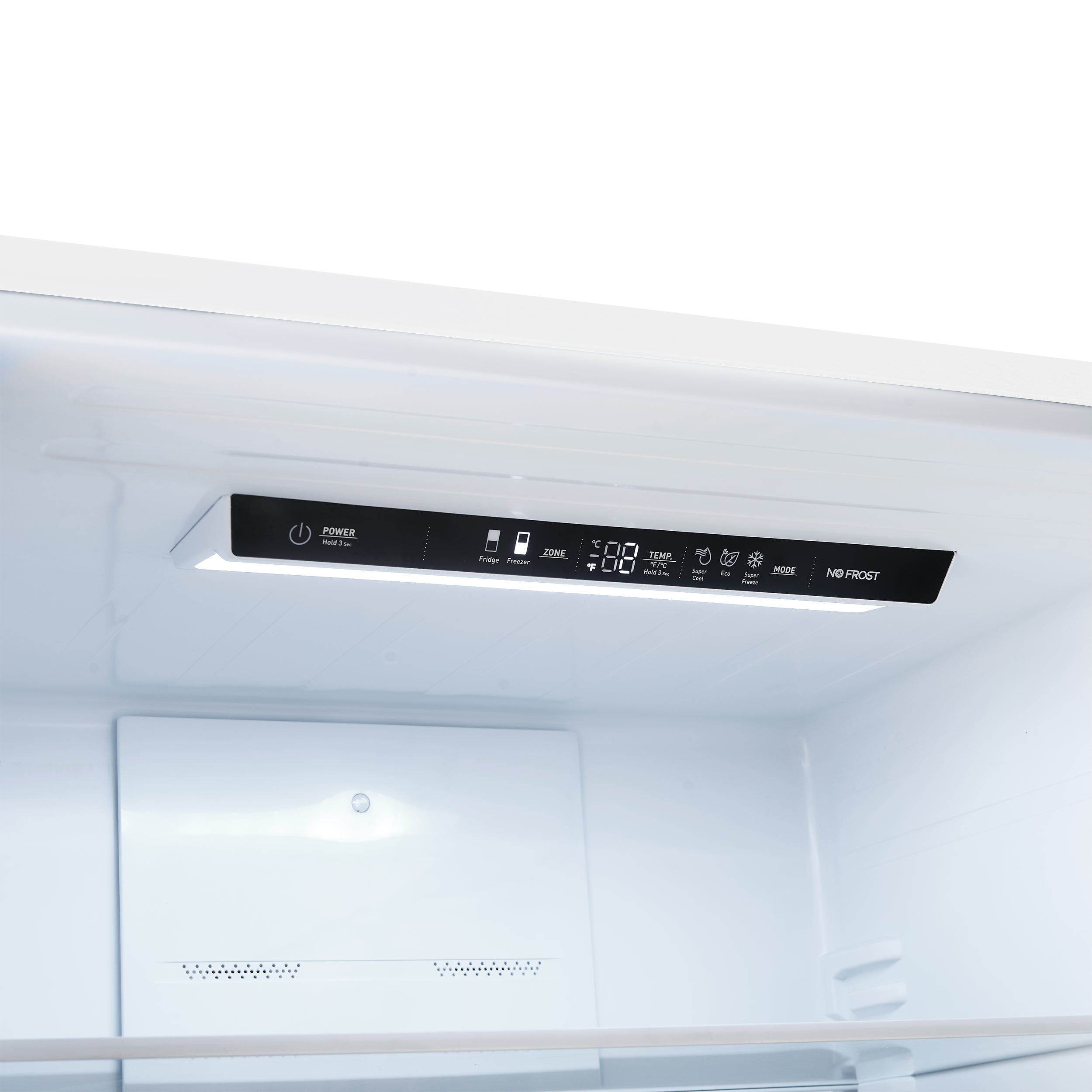 White refrigerator interior control panel with digital display and settings icons.