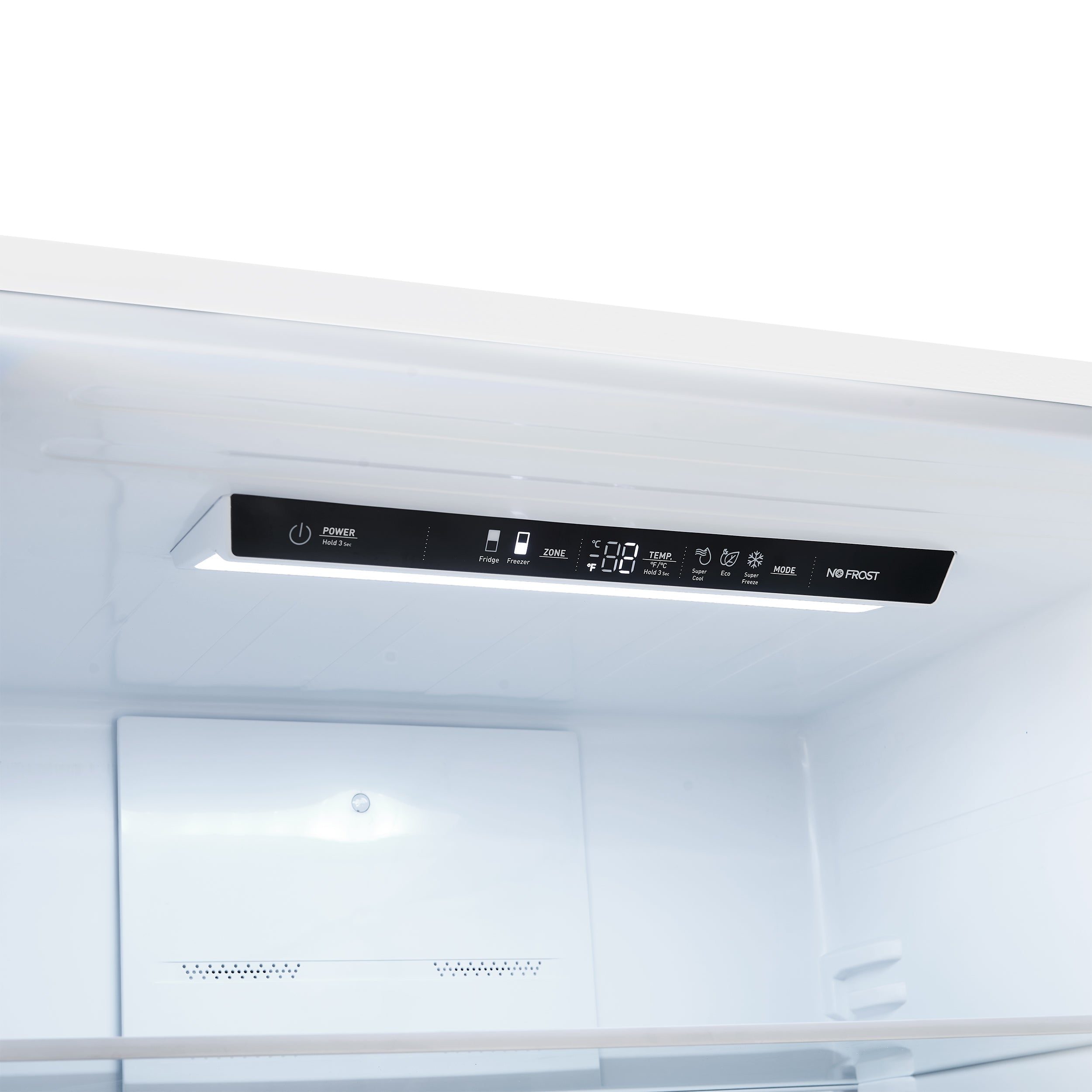 White refrigerator interior control panel with button icons along top edge
