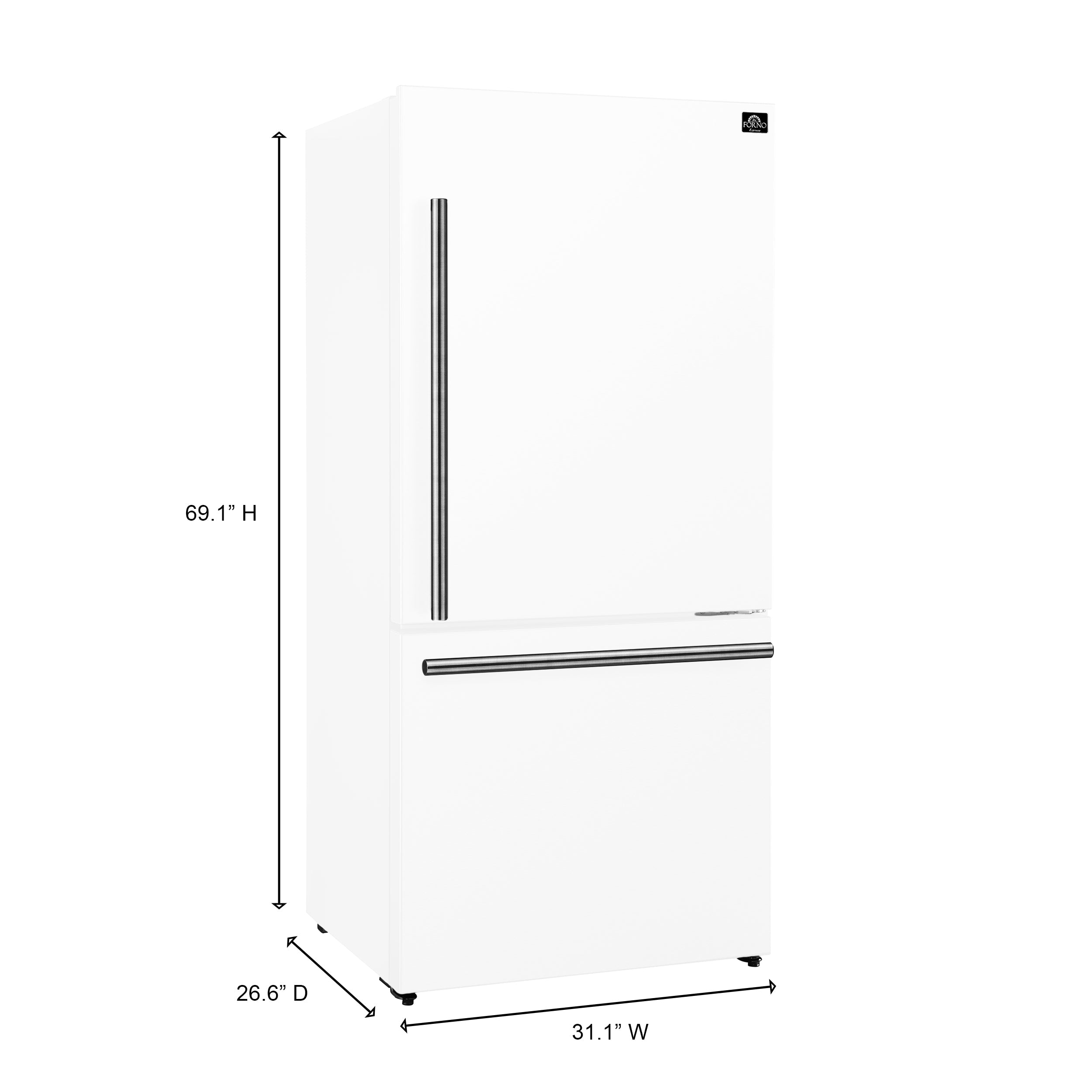 White refrigerator dimensions diagram with height, width, and depth measurements.