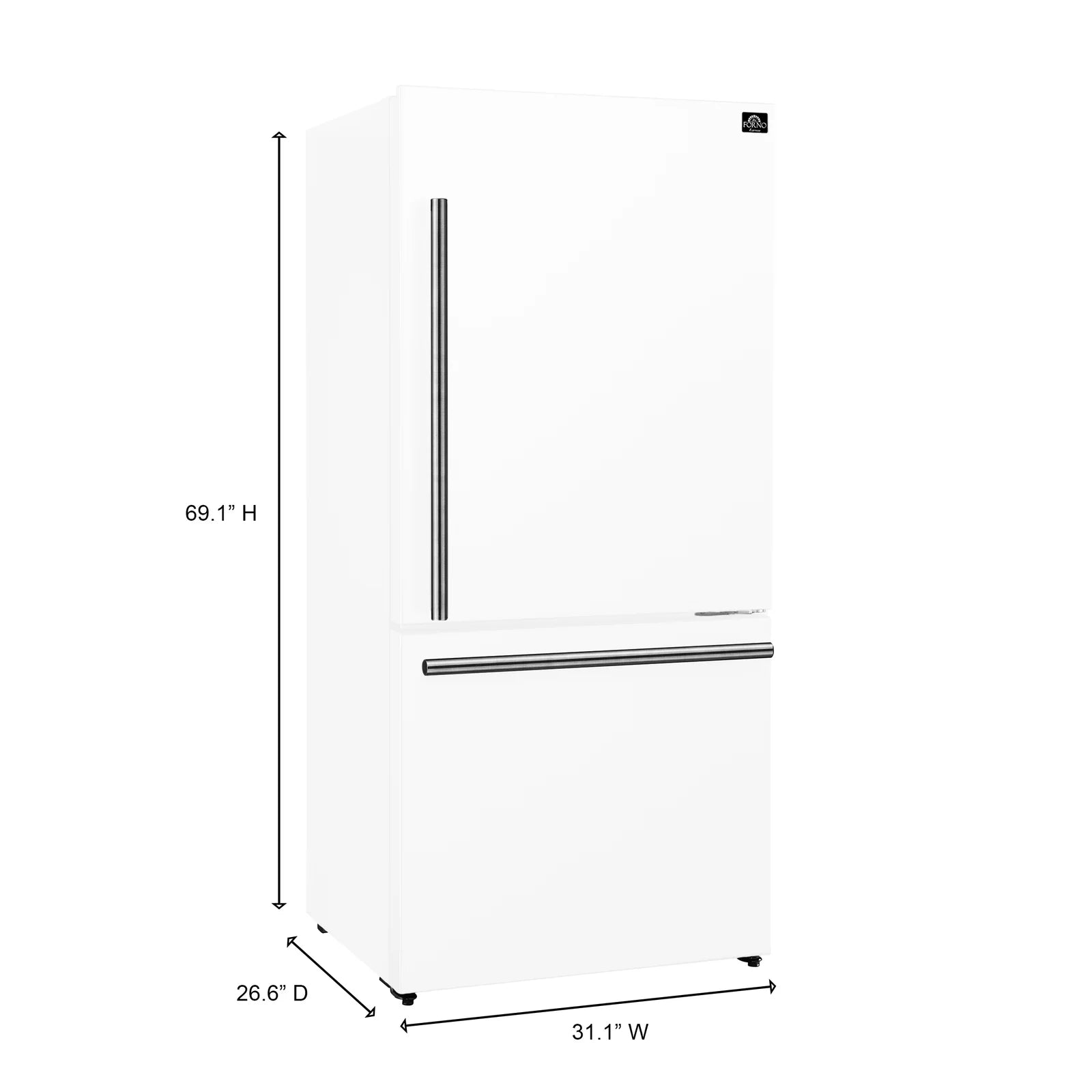 White refrigerator with bottom freezer, front dimensions diagram