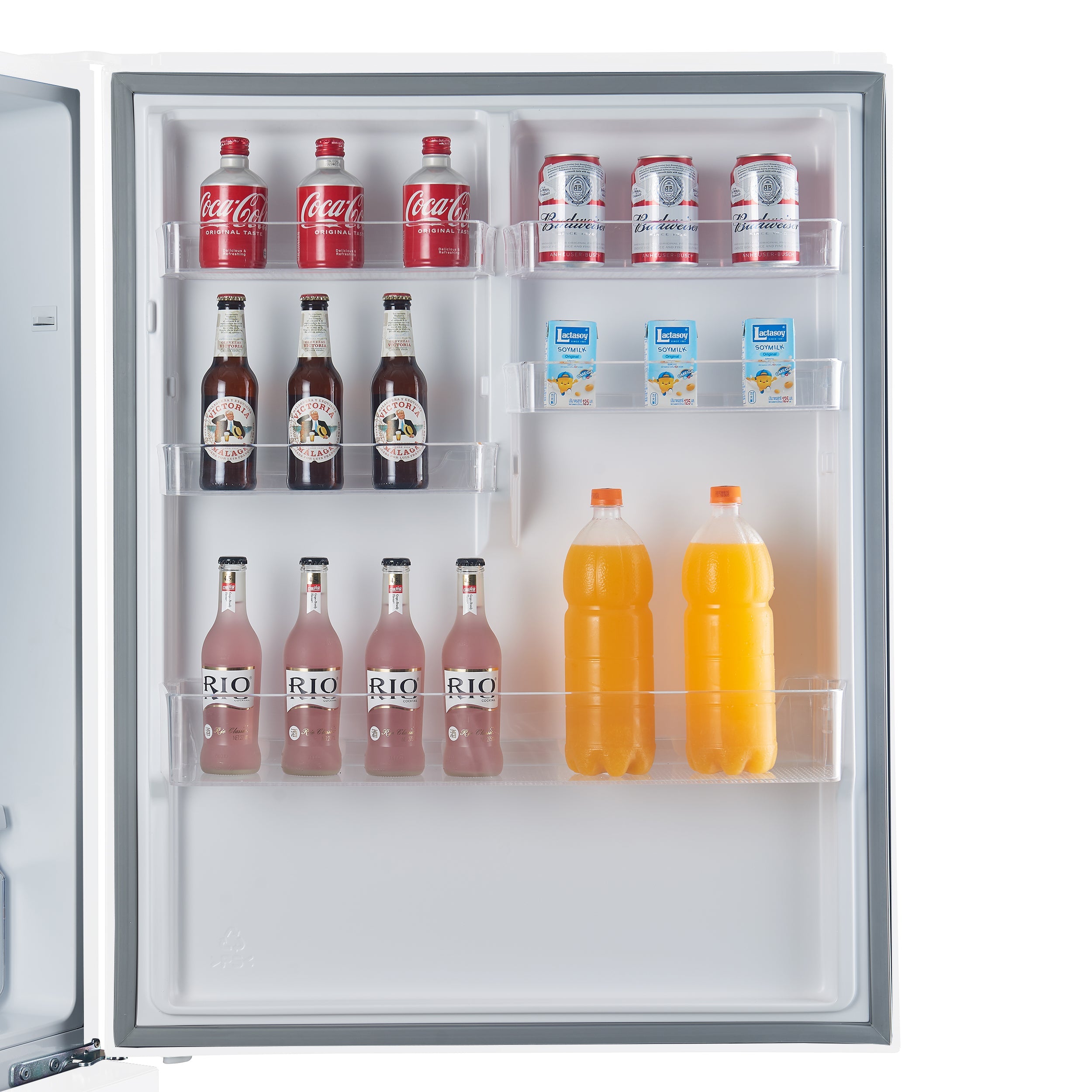 White refrigerator door interior with shelves holding bottled drinks and soda cans