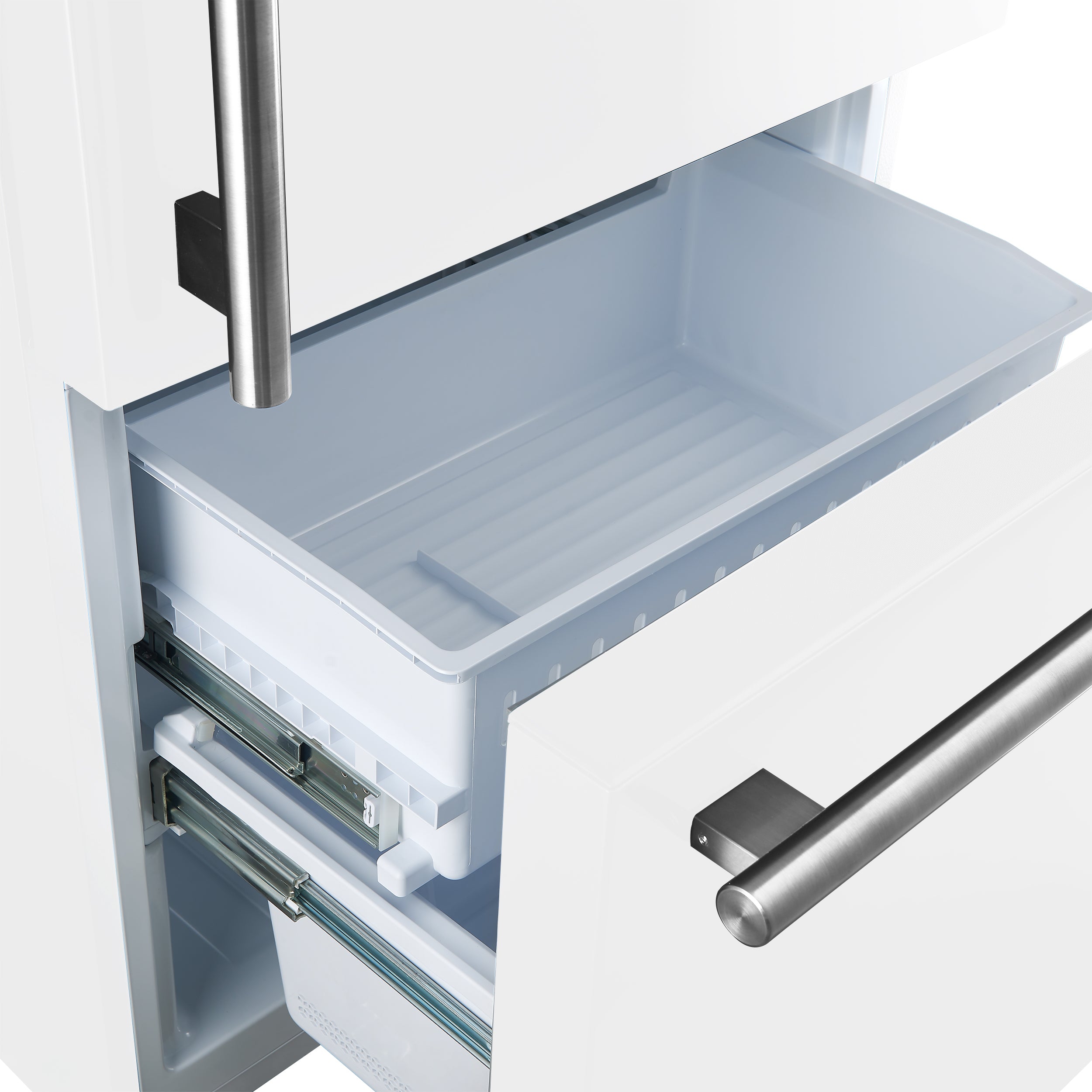 Bottom-freezer drawer open with pull-out bin and stainless steel handle
