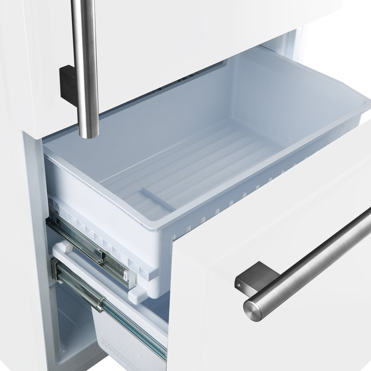White refrigerator with metal handle, door open showing interior shelves and storage bins