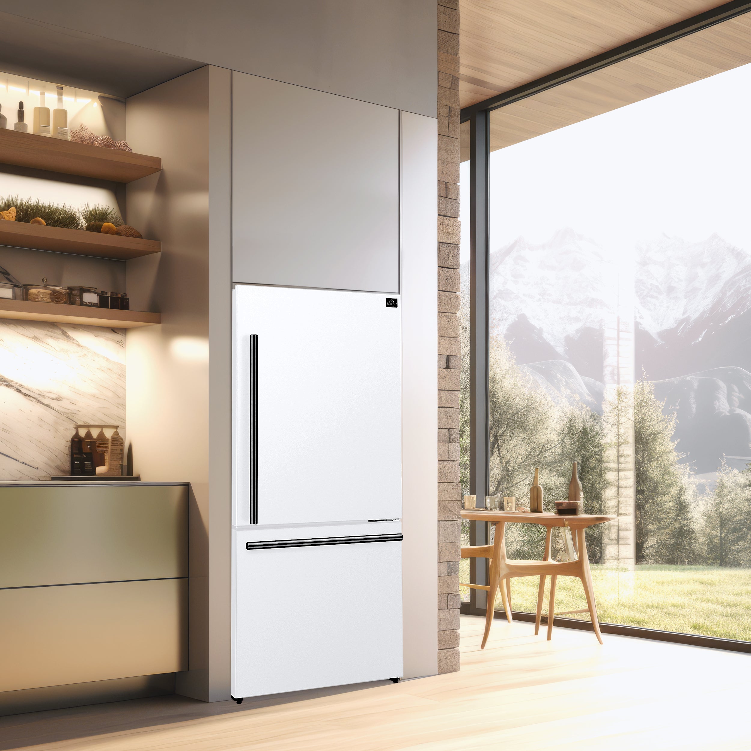 White refrigerator with stainless-steel handle, tall door with dispenser opening