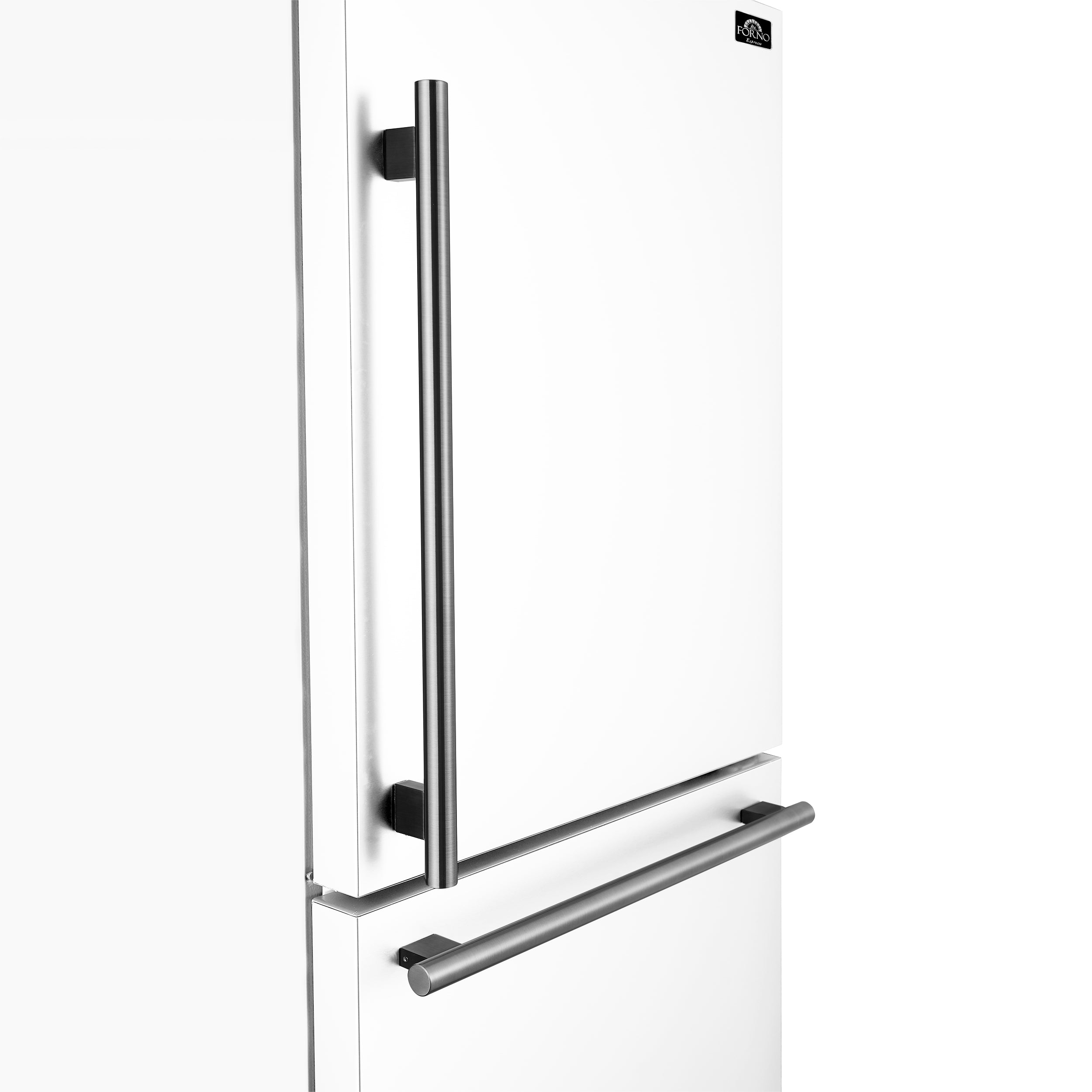 White bottom-freezer refrigerator with tall stainless steel handle on right hinge
