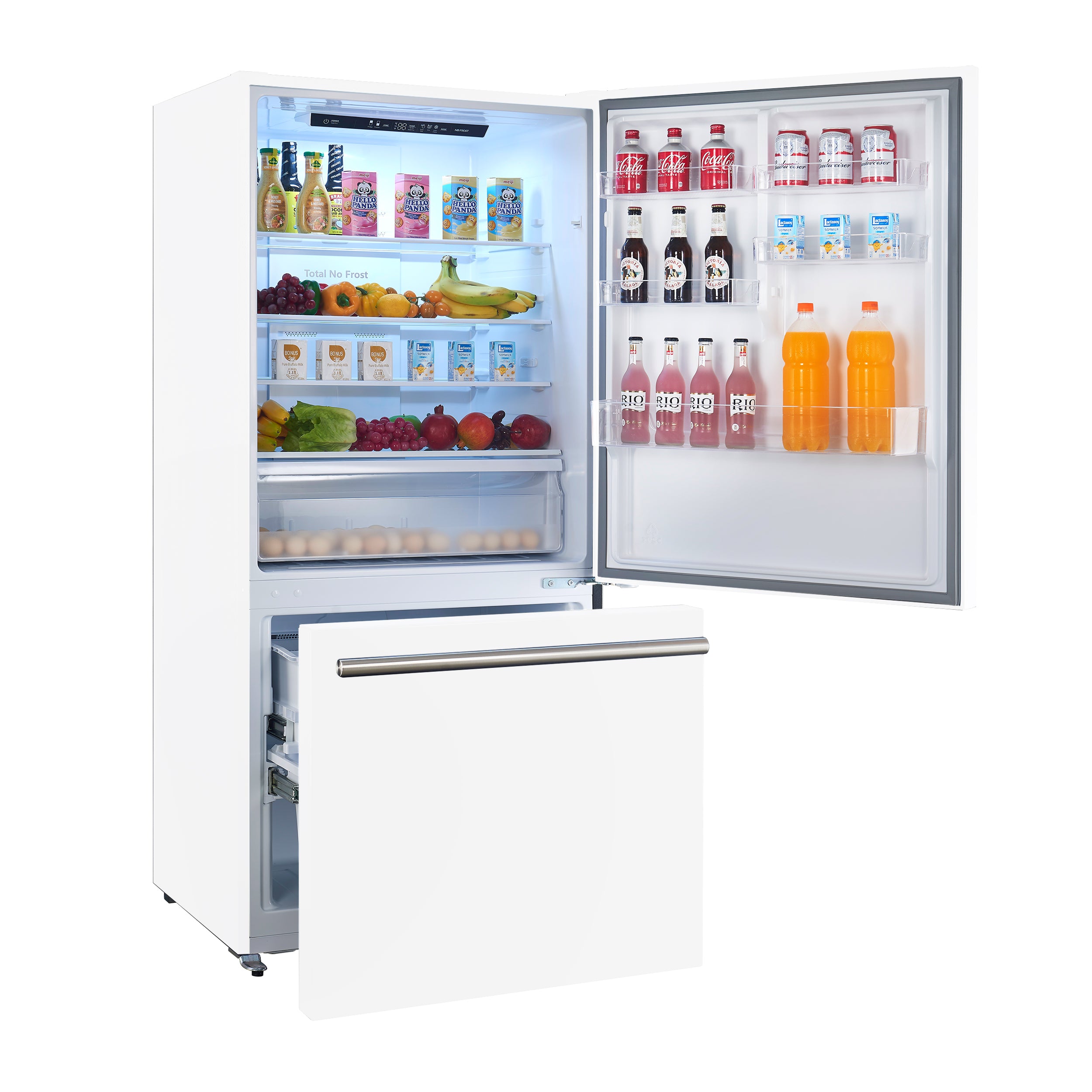 Open white refrigerator showing freezer compartment, shelves, and door bins