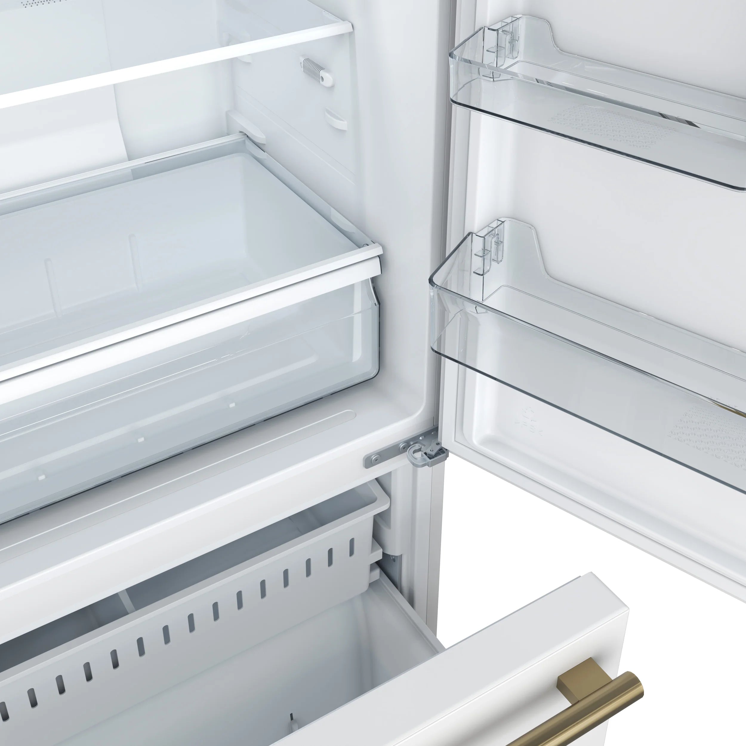 White refrigerator interior with glass shelves and clear freezer bins
