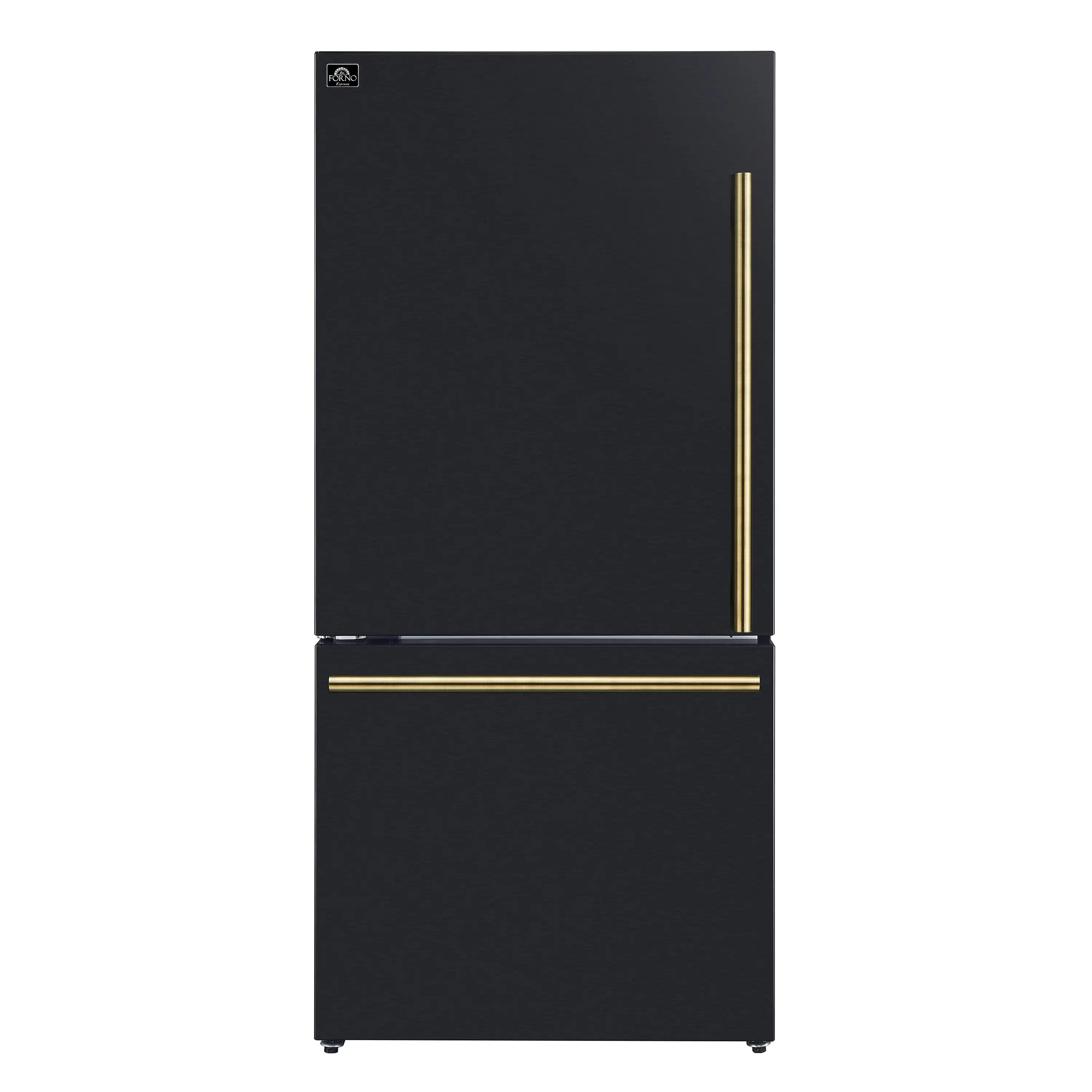 Black refrigerator with antique brass vertical accent and horizontal handle