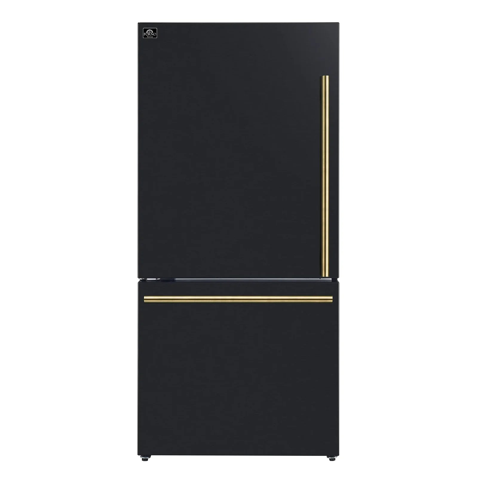 Black refrigerator front view with vertical antique brass handle and top badge