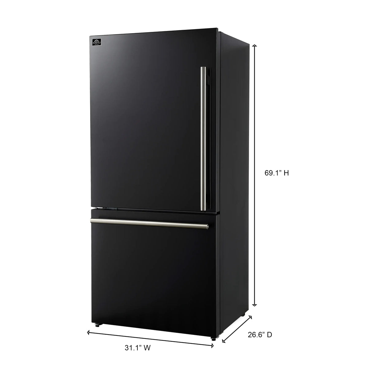 Black refrigerator with stainless twin handles, front view and side profile