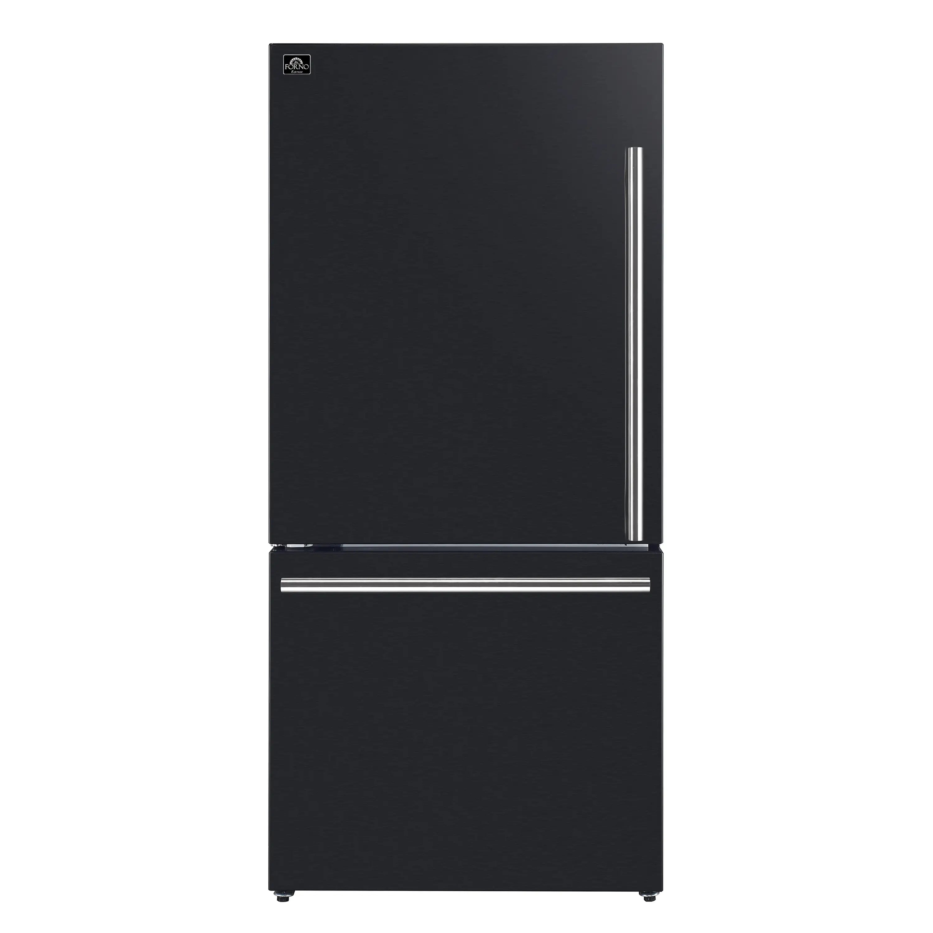Black bottom-freezer refrigerator with stainless vertical handles