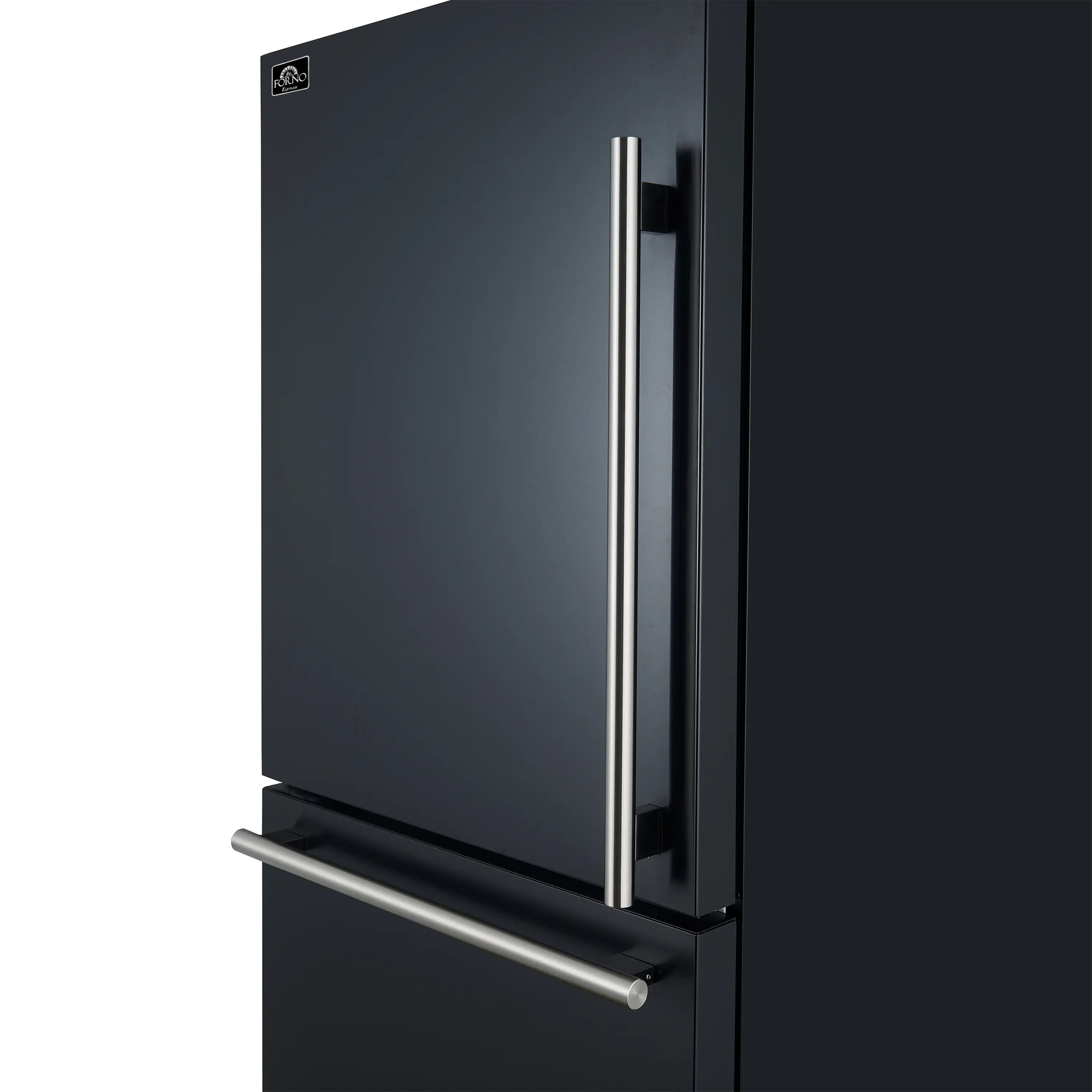 Black refrigerator door with vertical and horizontal handles in antique brass