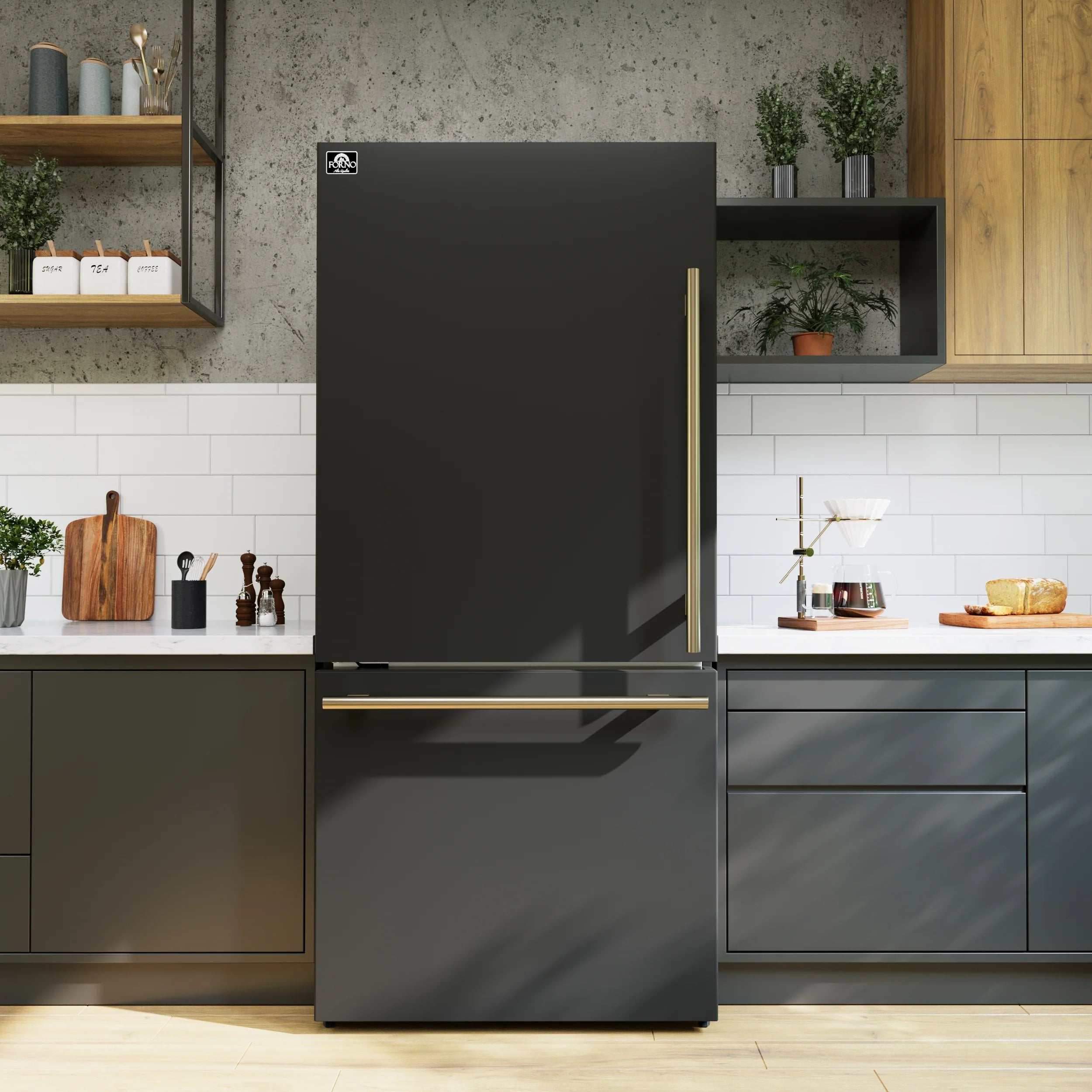 Black refrigerator with bottom freezer and antique brass handle, standing upright