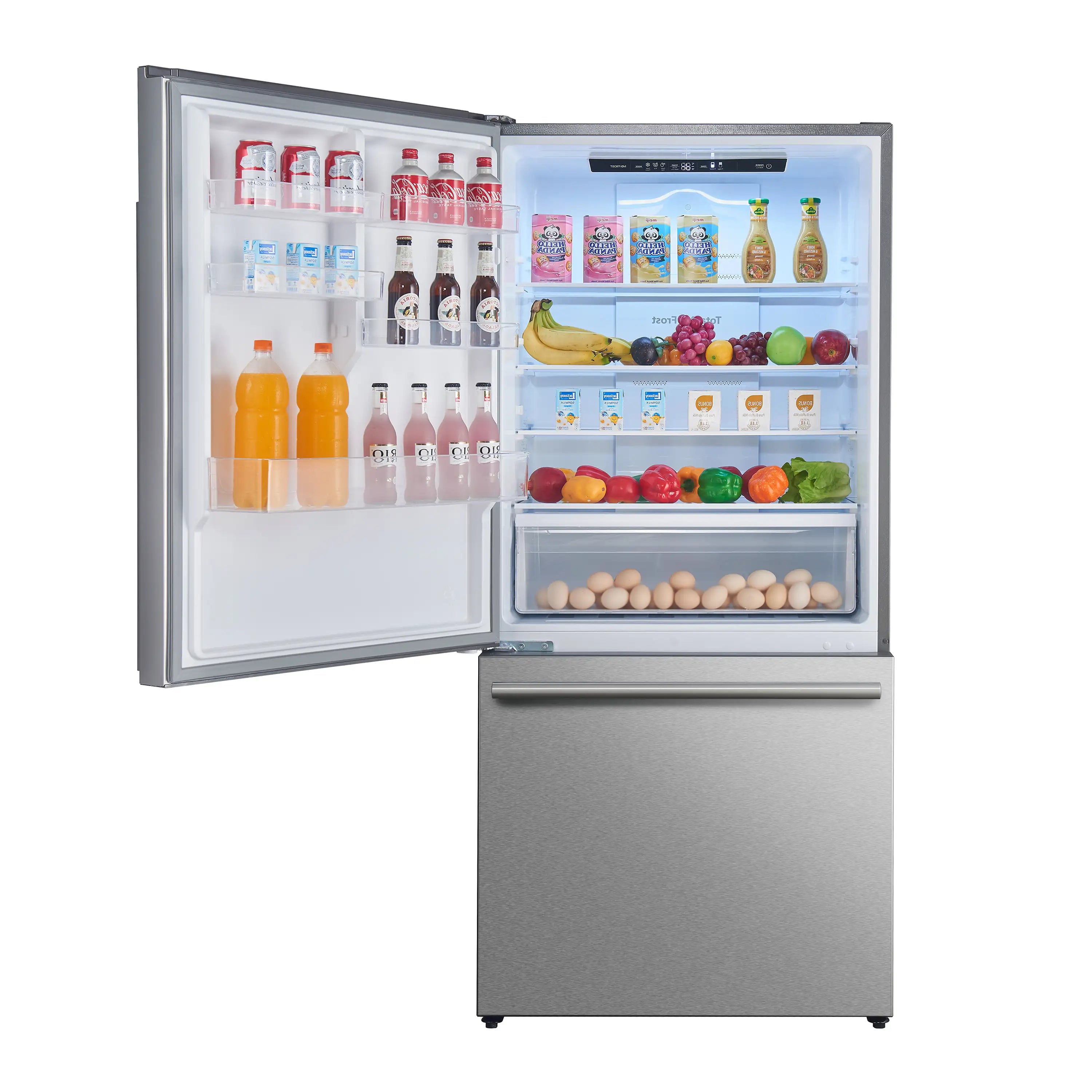 Stainless steel refrigerator interior with glass shelves, bins, and door storage.
