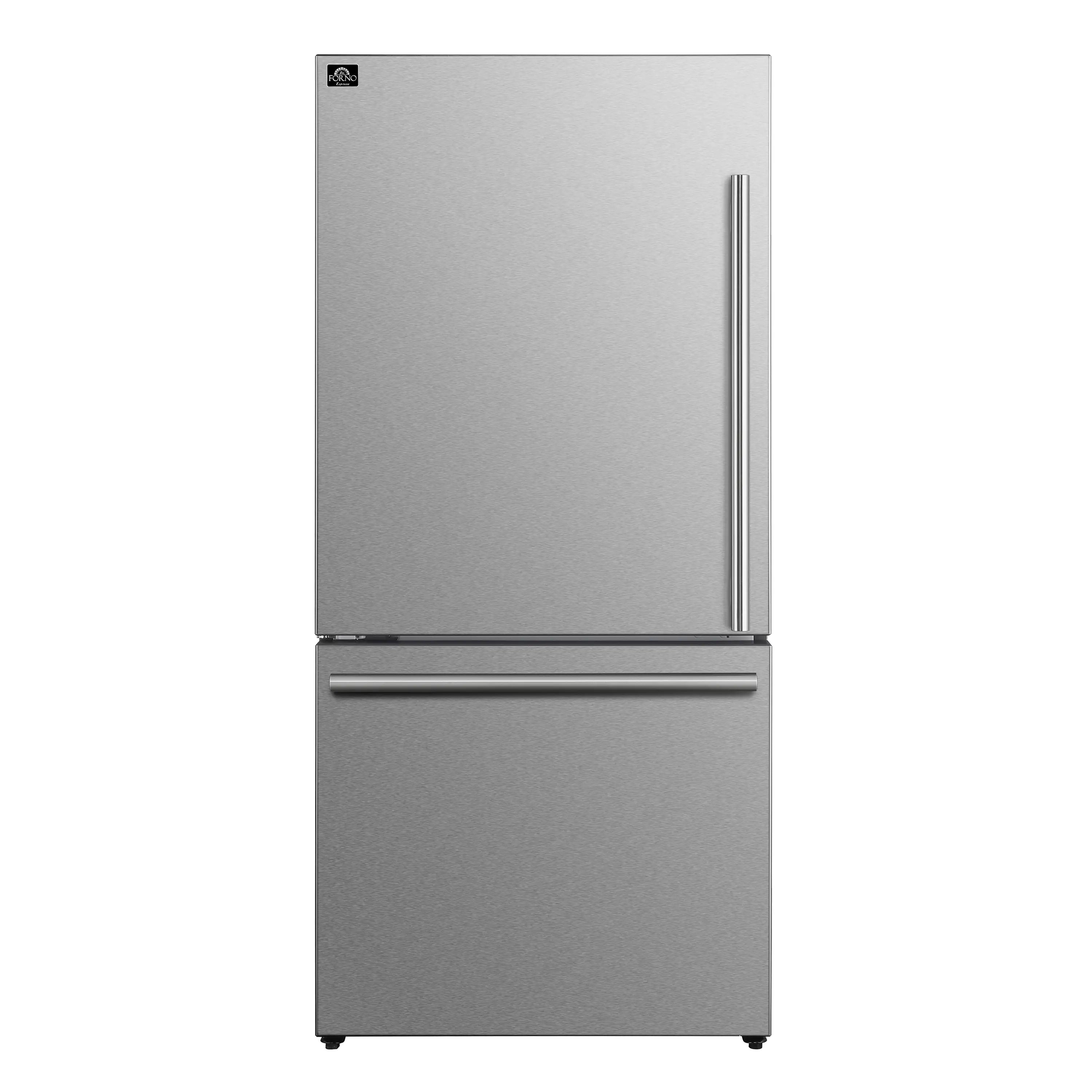Stainless steel refrigerator with bottom freezer, side-by-side door styling.
