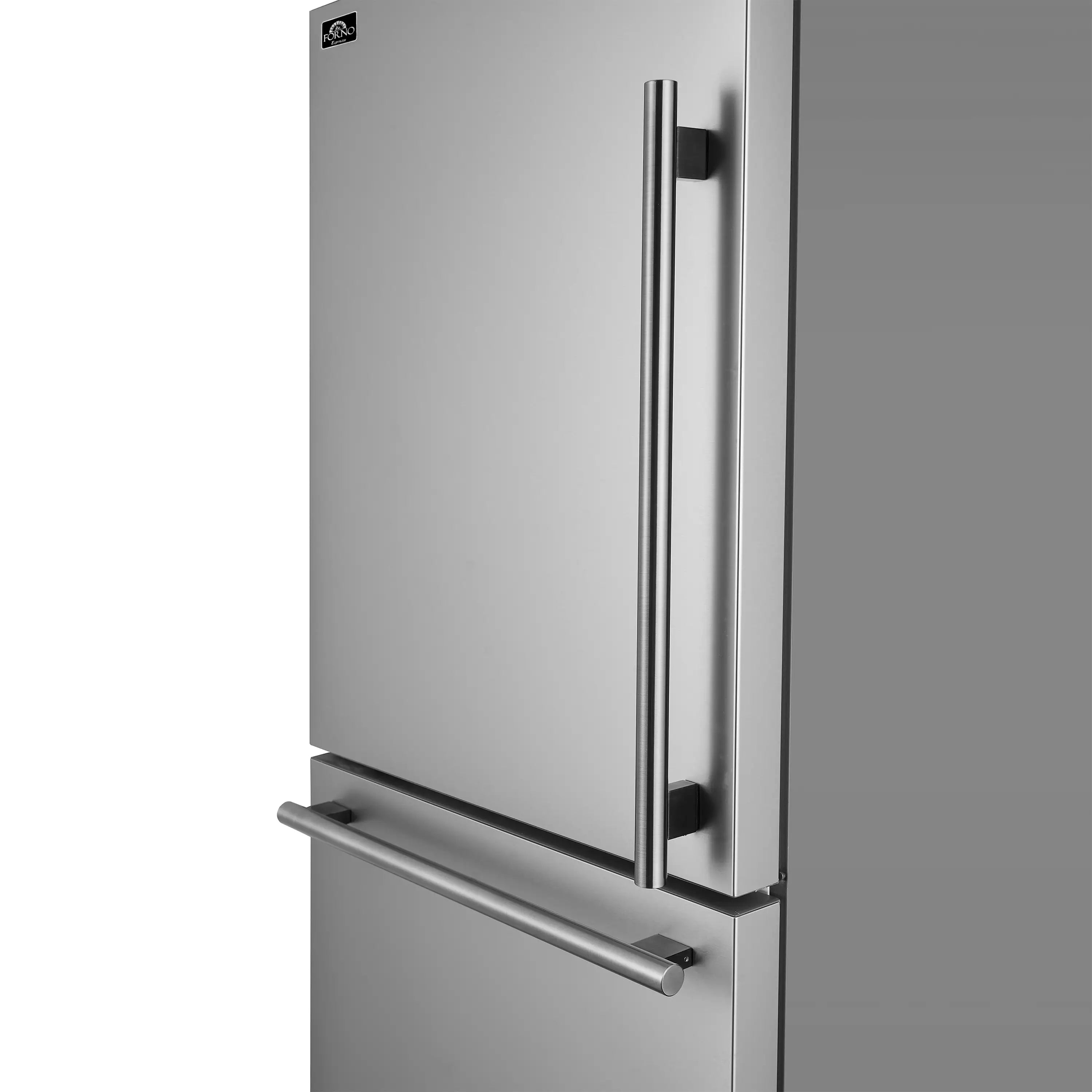 Stainless steel refrigerator door with vertical handle and horizontal dispenser bar.