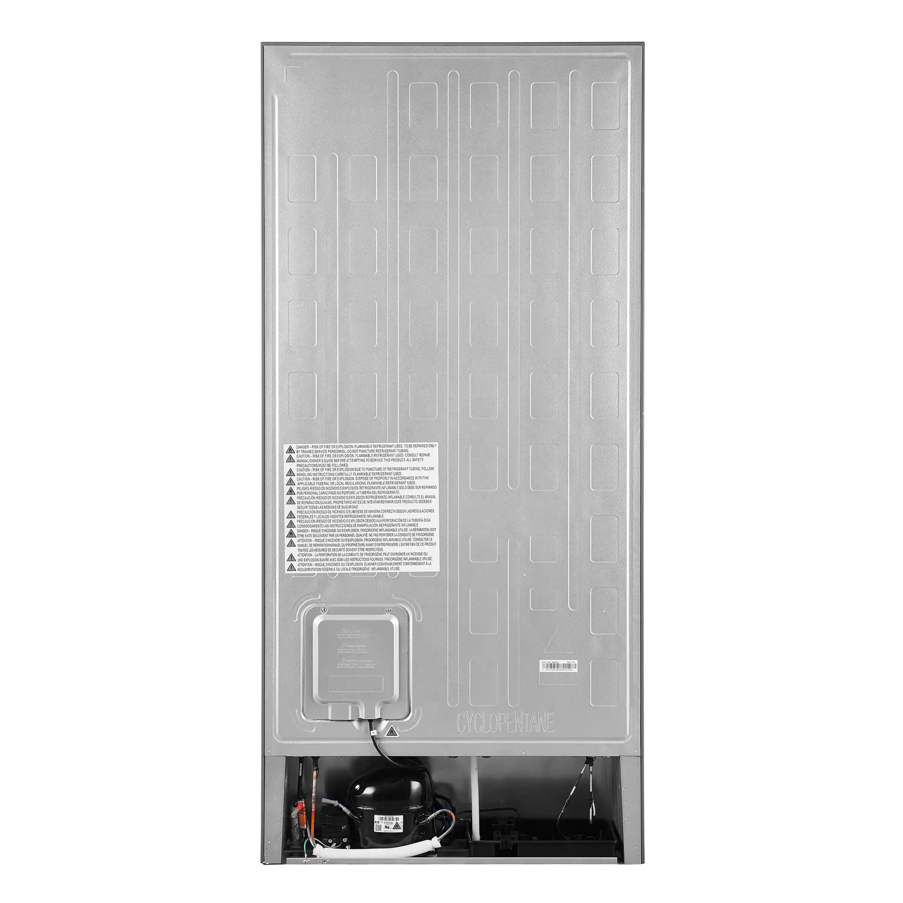 White refrigerator rear access panel with water/ice plumbing area