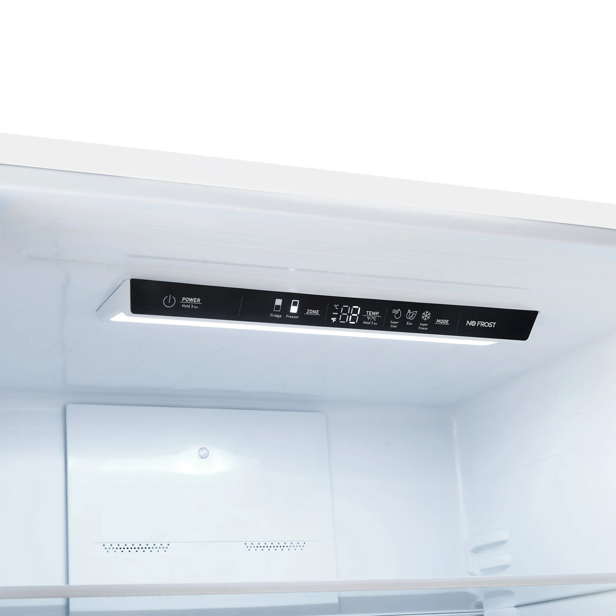 Refrigerator control panel with display buttons under the freezer compartment.